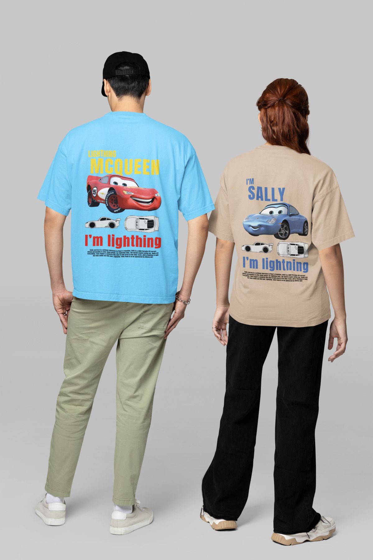 NEVERMIND Kadın Erkek Şimşek McQueen ve Sally Sırt Baskılı Sevgili Çift Kombini Tasarım Oversize Tshirt 2'li