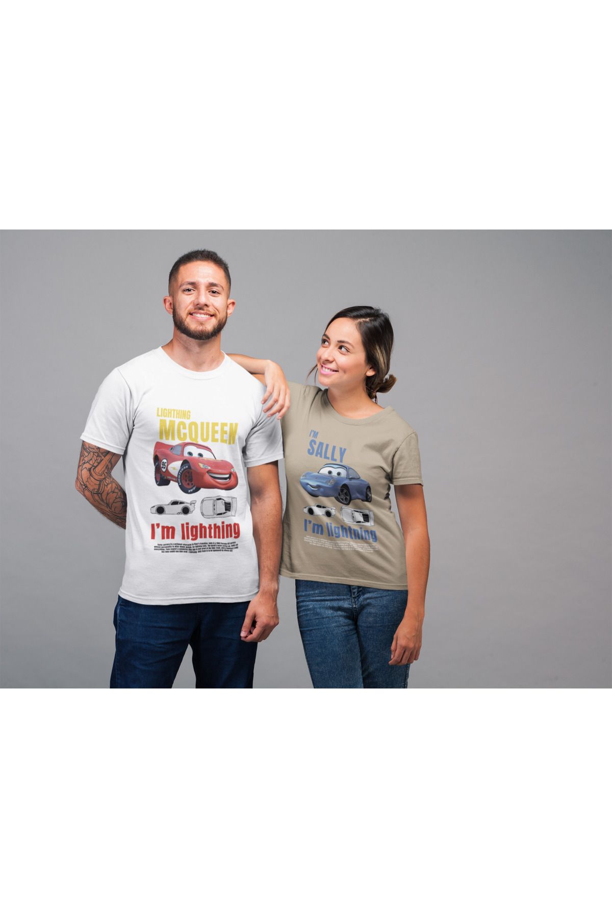 NEVERMIND Kadın Erkek Şimşek McQueen ve Sally Ön Baskılı Sevgili Çift Kombini Tasarım Oversize Tshirt 2'li