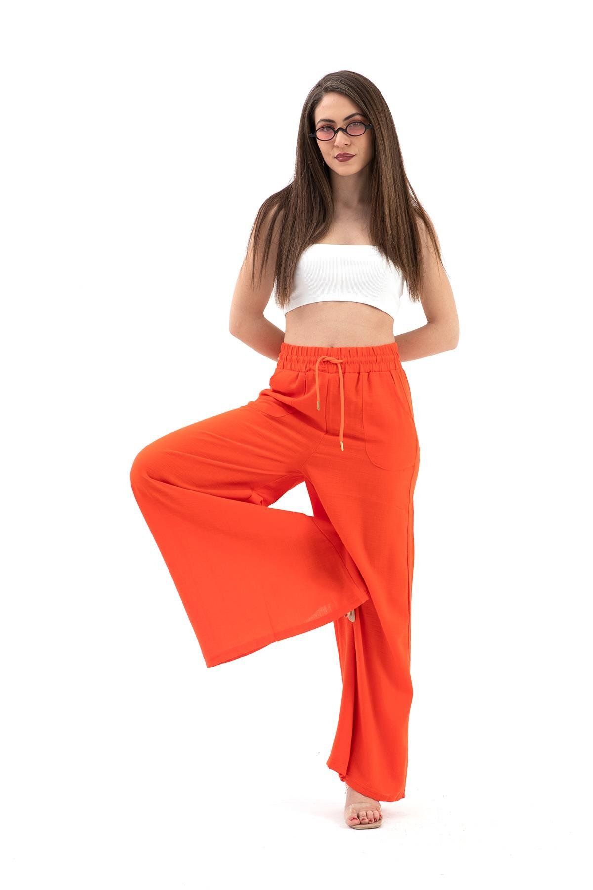 NOSTALJİX Geniş Kemerli Bol Paça Düz Keten Kadın Pantolon - Oranj