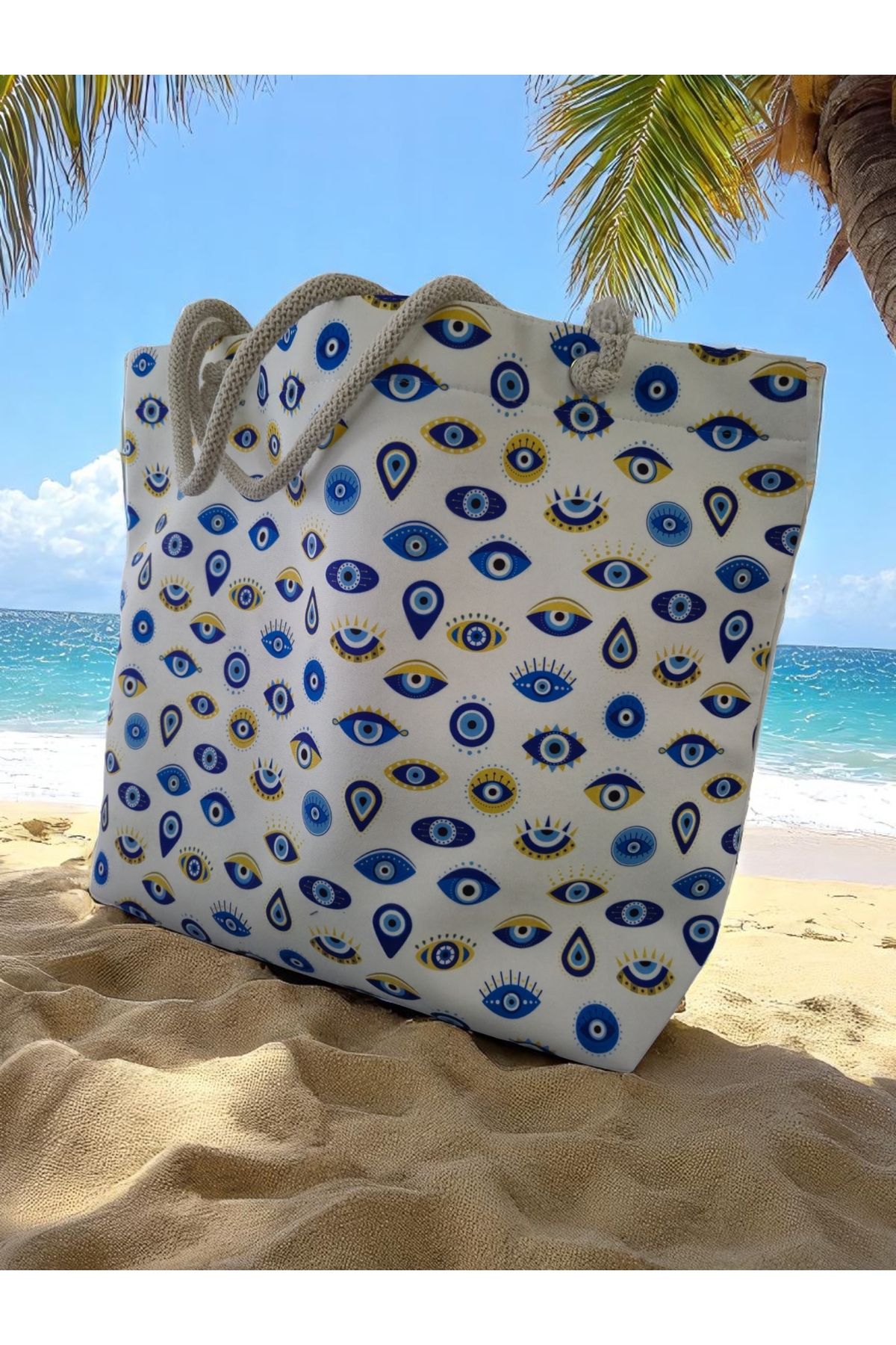 Land of Souvenir-Durable Fabric Large Beach Bag with Evil Eye 4