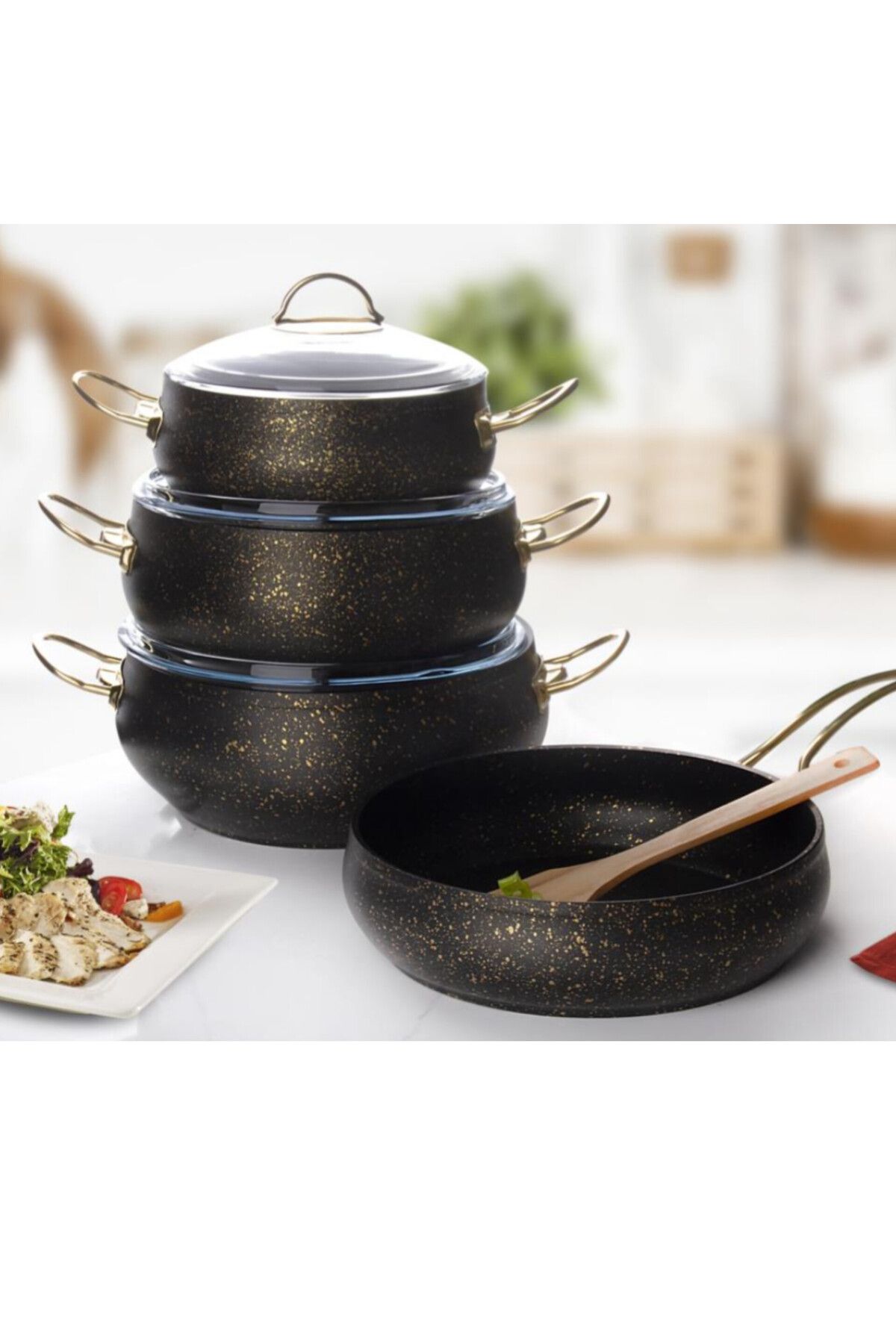 abnturk Siyah Renkli Gold Işıltılı 7 Parça Granit Set