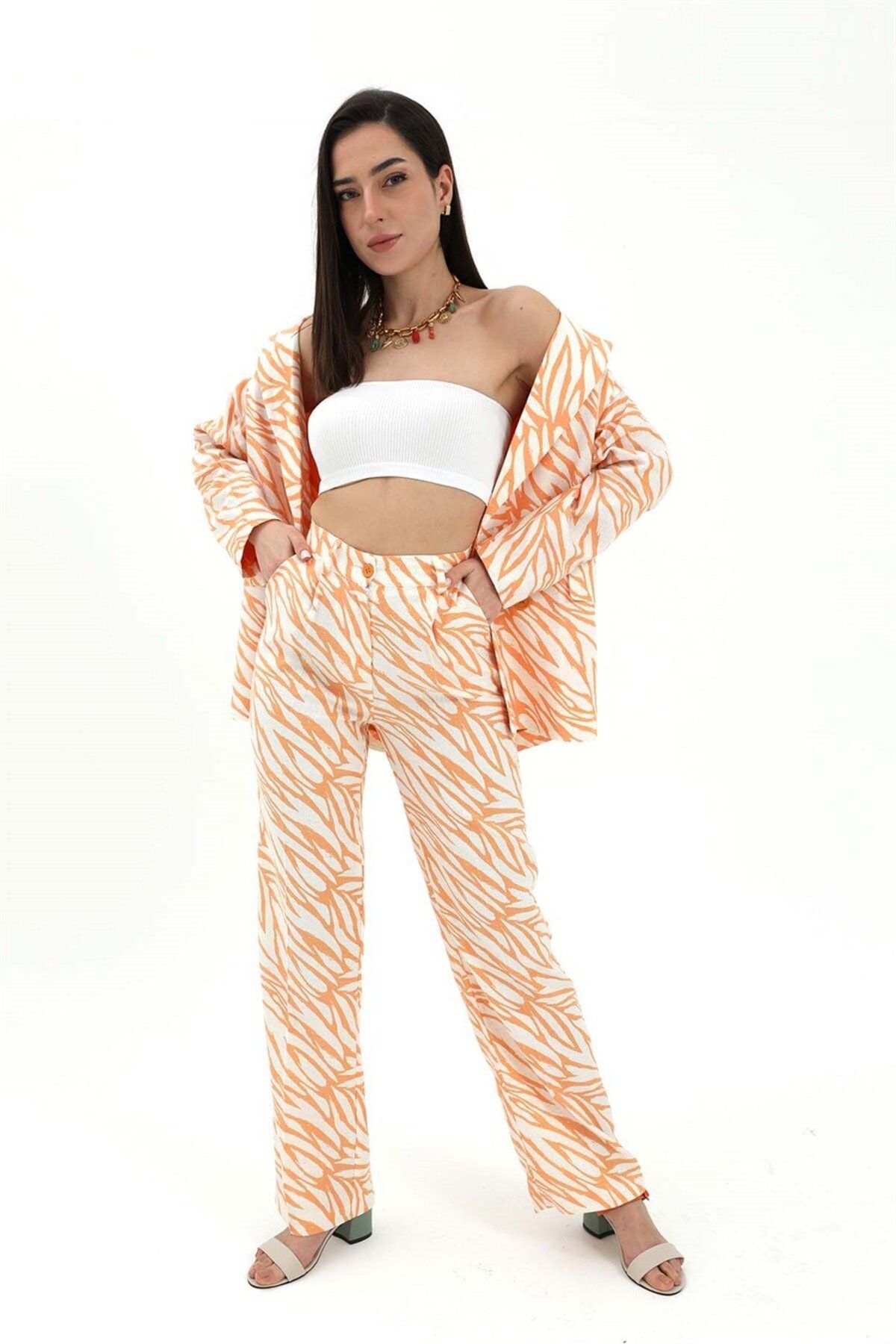 NOSTALJİX Zebra Desen Yüksek Bel Keten Pantolon - Turuncu