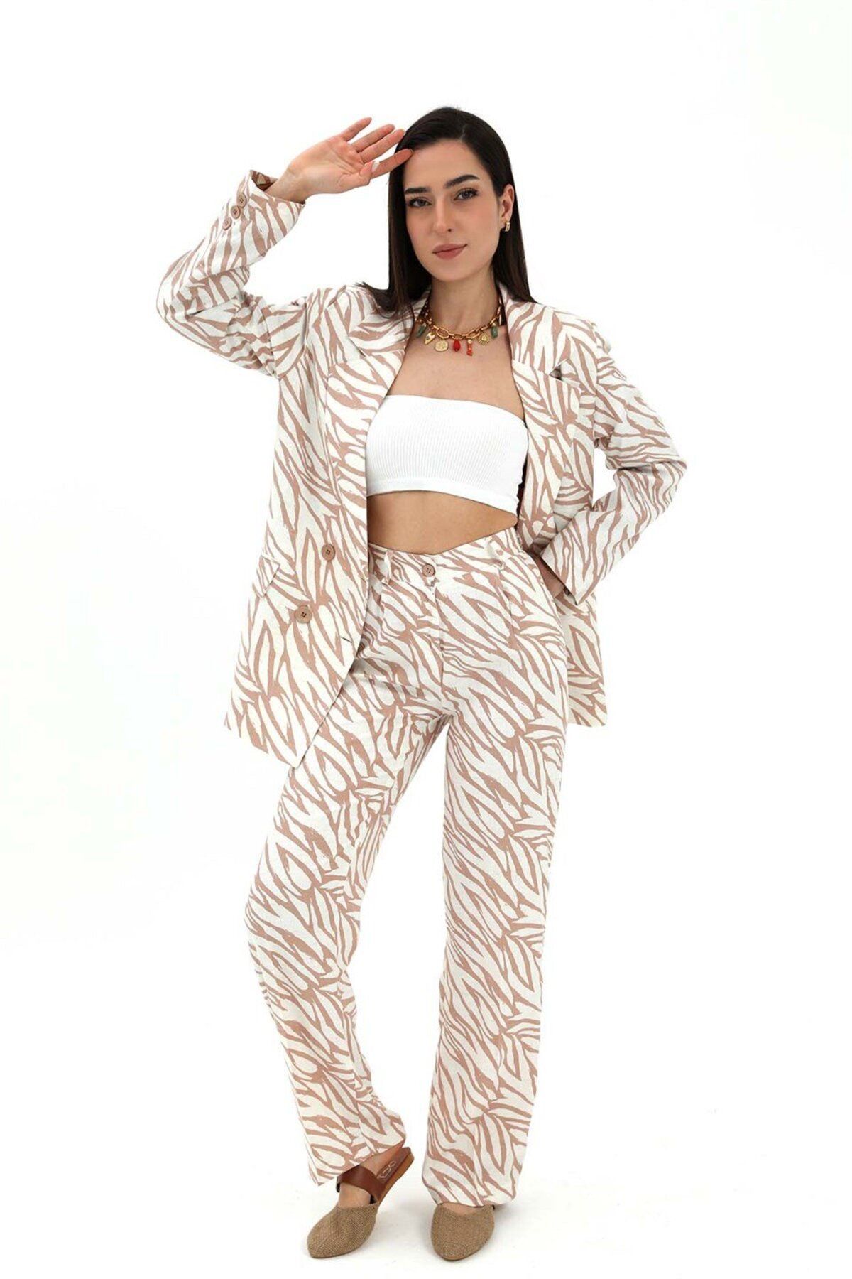 NOSTALJİX Zebra Desen Yüksek Bel Keten Pantolon - Bej
