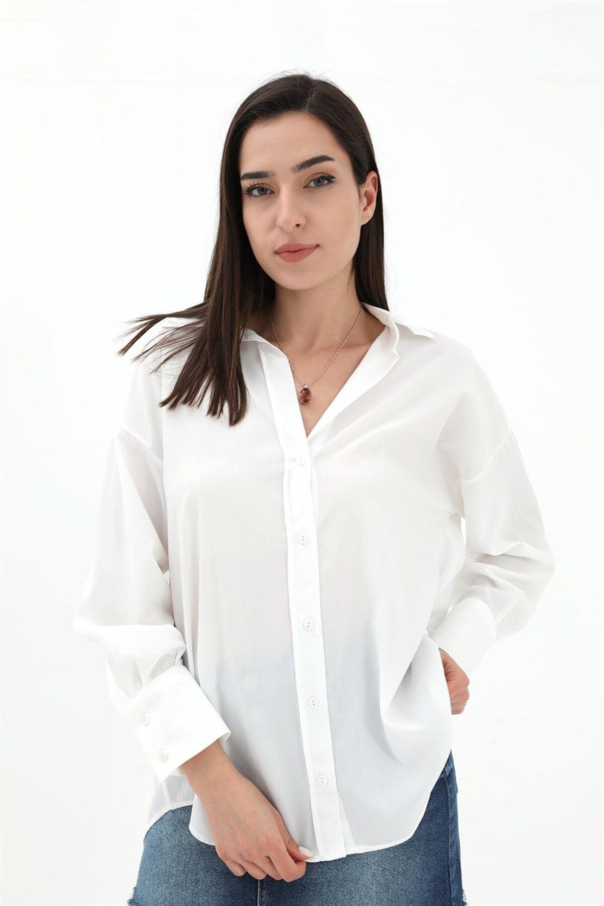 NOSTALJİX V Yaka Poplin Kumaş Gömlek - Ekru