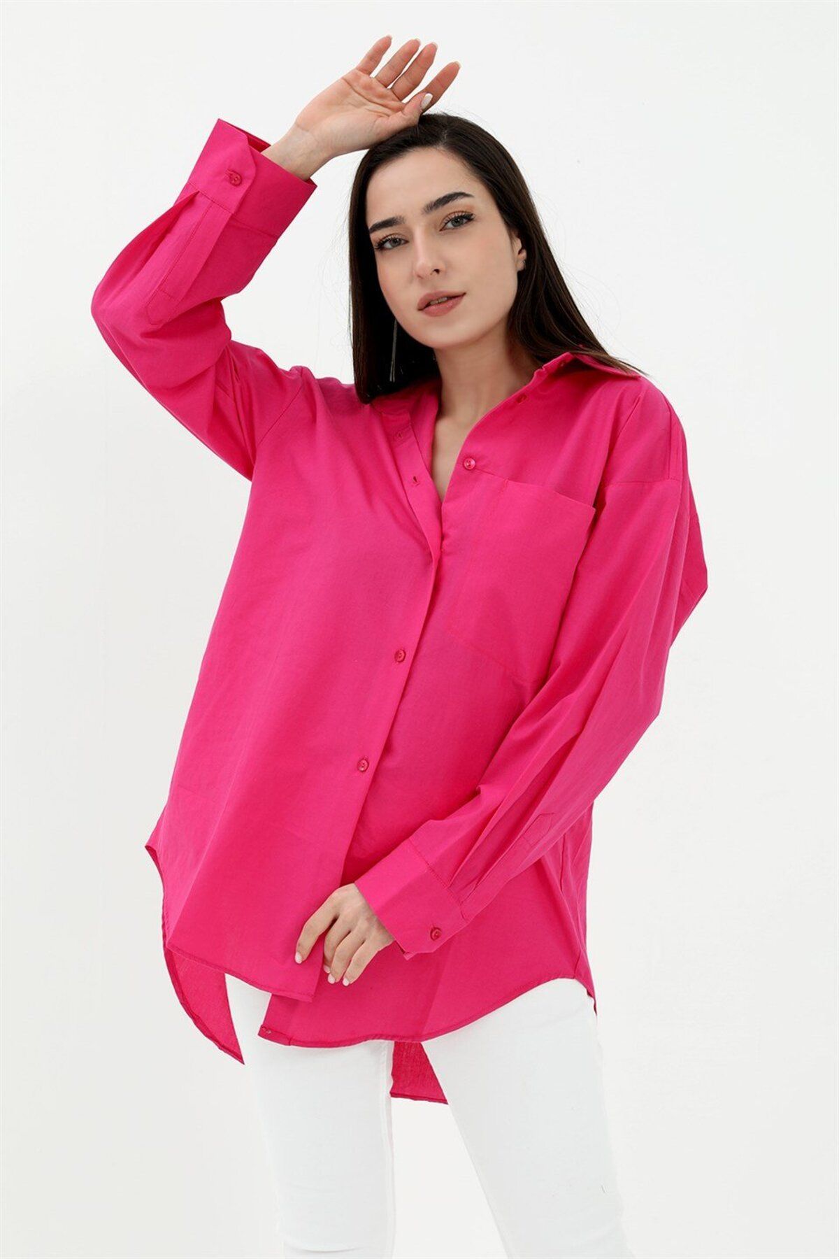 NOSTALJİX Tek Cepli Kolları Katlı Oversize Kalın Keten Gömlek - Fuşya