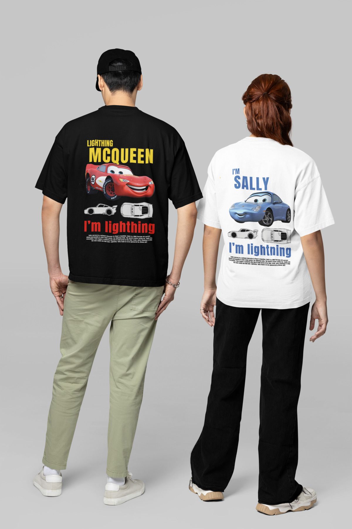 NEVERMIND Kadın Erkek Şimşek McQueen ve Sally Sırt Baskılı Sevgili Çift Kombini Tasarım Oversize Tshirt 2'li