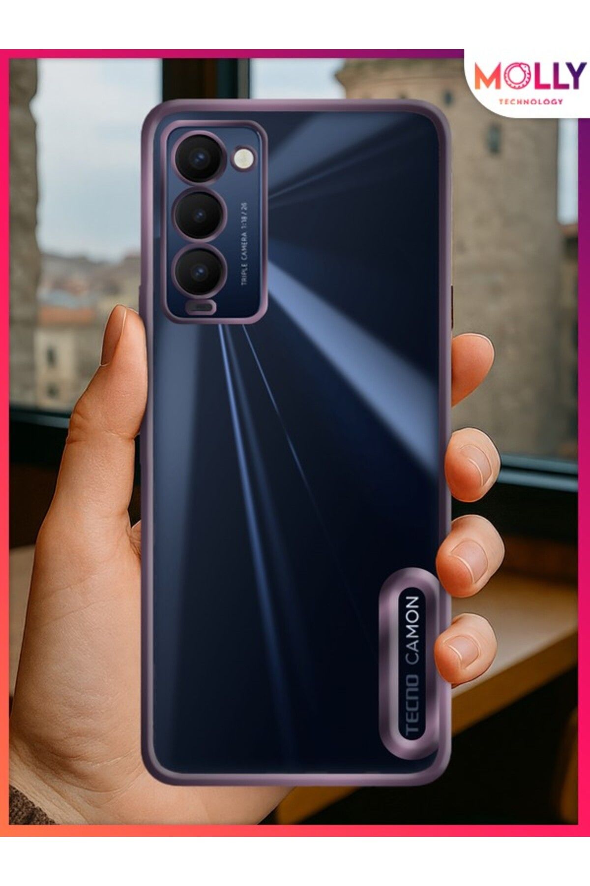 Molly TECNO CAMON 18 İçin Kenarları Derin Mor Lens Koruyuculu Lou Lazer Şeffaf Silikon Kılıf
