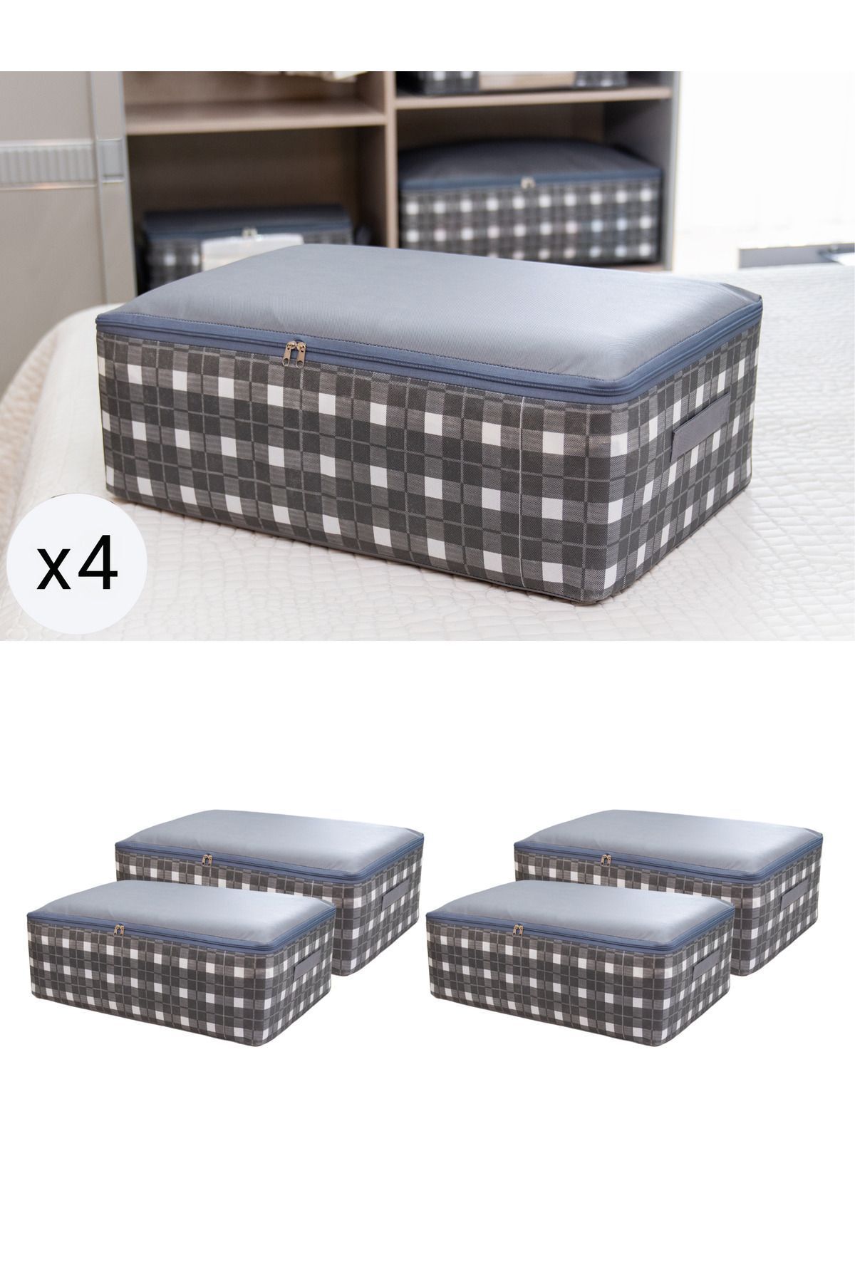 AboutThePerfect 4'lü Büyük Gri Kare Desenli Ekoseli Yatak Altı Seti 60x40x20 cm