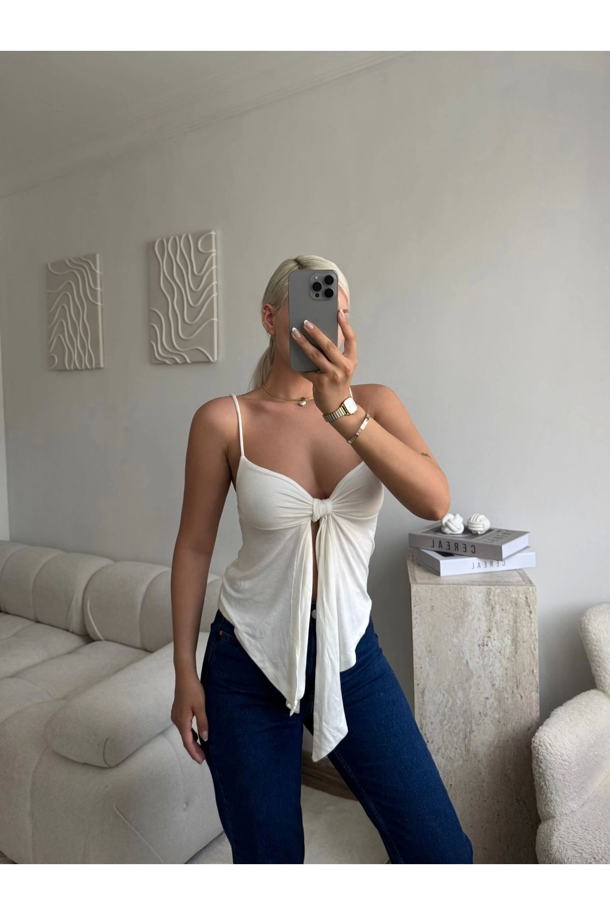 Zora Butik Ön Bağlamalı Askılı Crop - BEYAZ