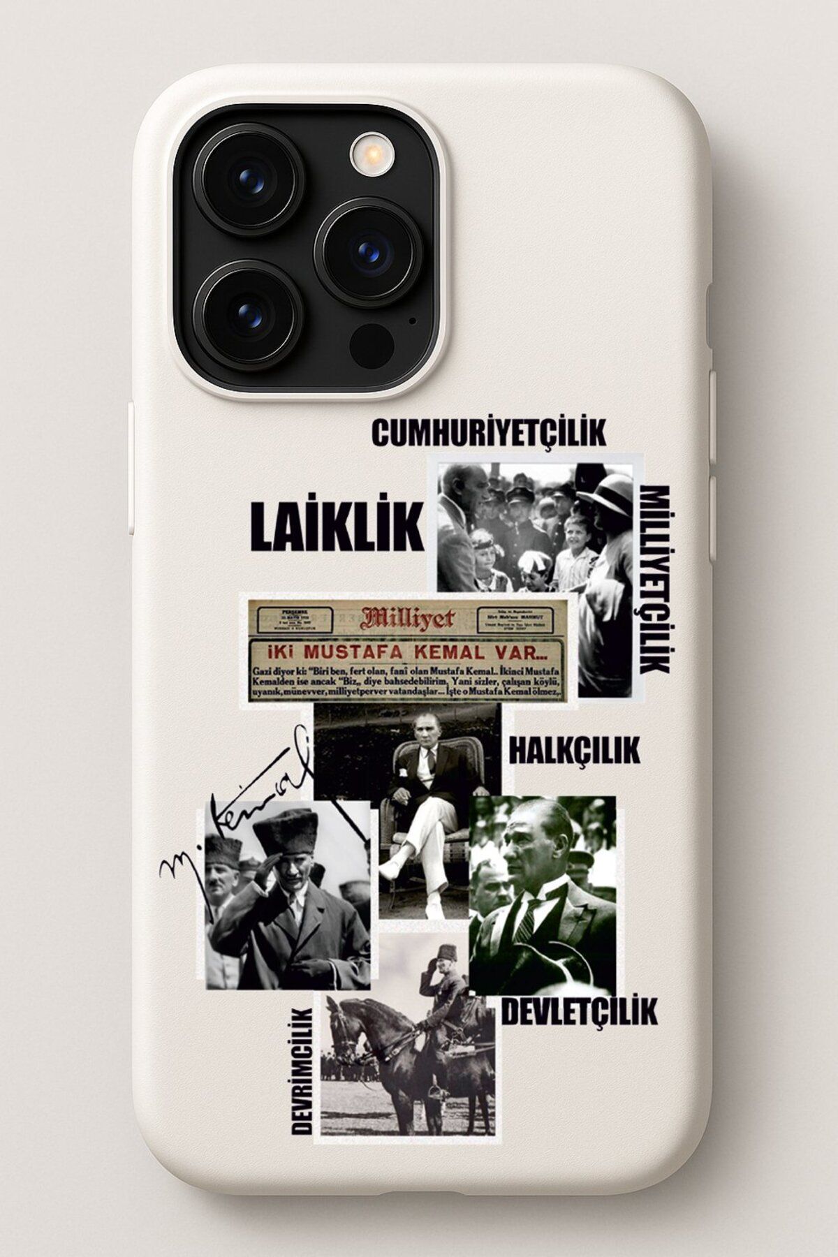 DEMİNA iPhone 15 Uyumlu Atatürk Kolaj Tasarım Baskılı İçi Kadife Lansman Kılıf
