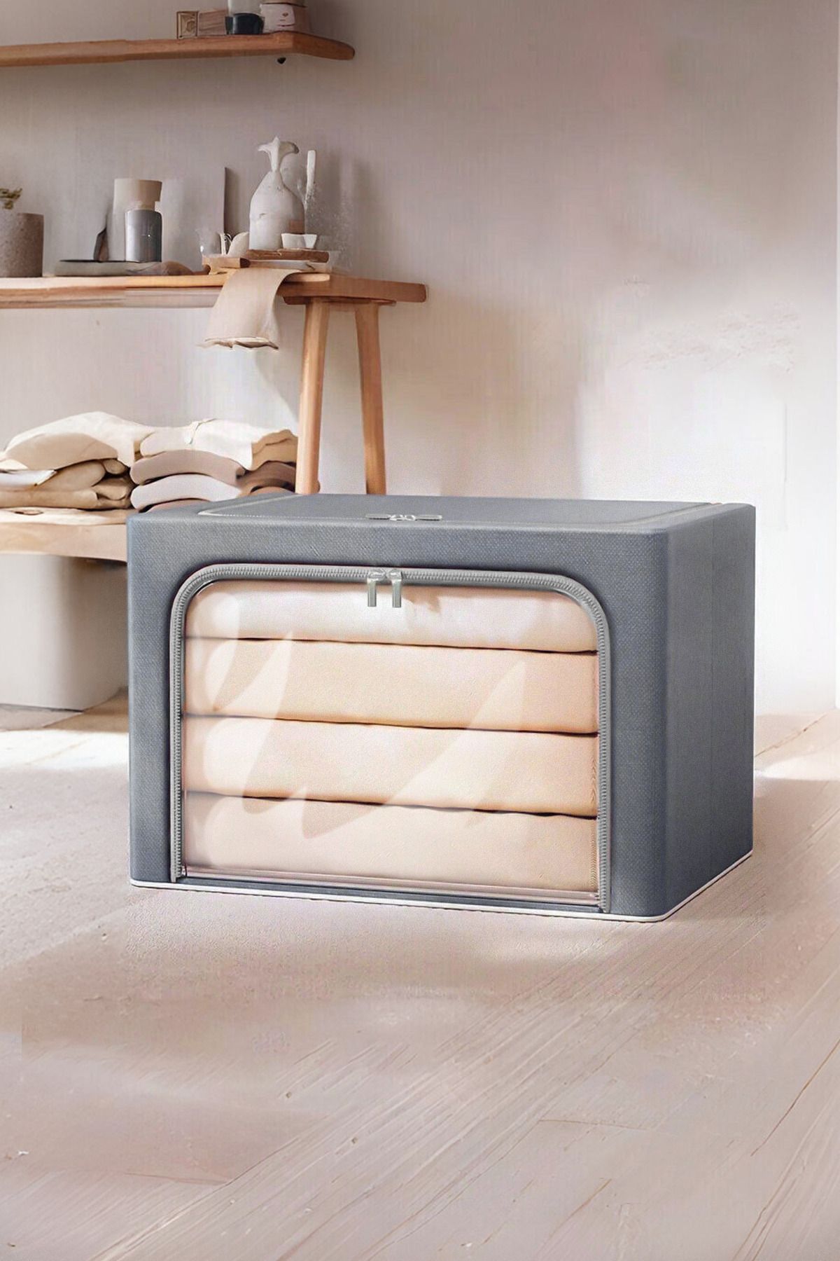 AboutThePerfect Gri Kapitone Çelik Çerçeveli Pencereli Organizer Kutu 40x50x30cm