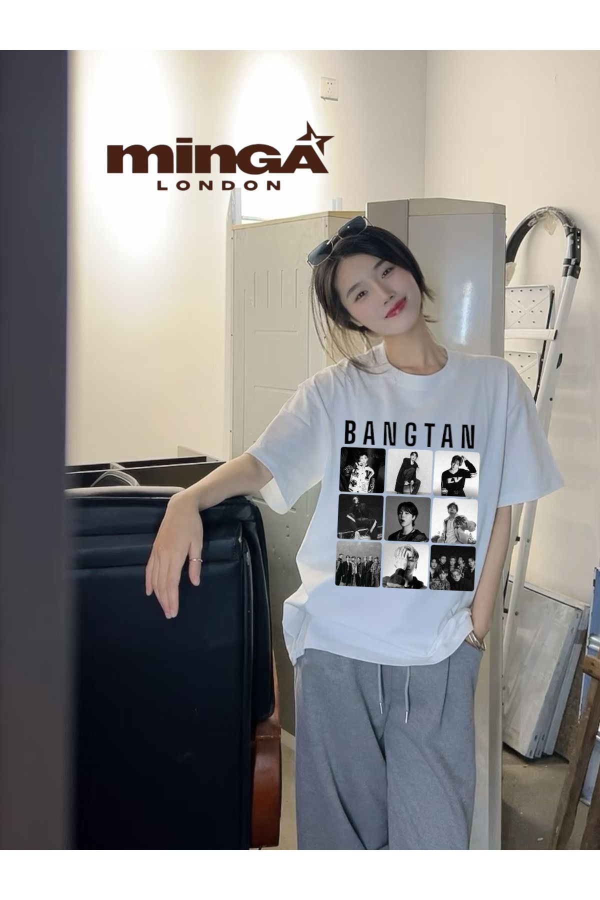 Minga London BTS BANGTAN Baskılı Beyaz Oversize Tshirt- Minga London
