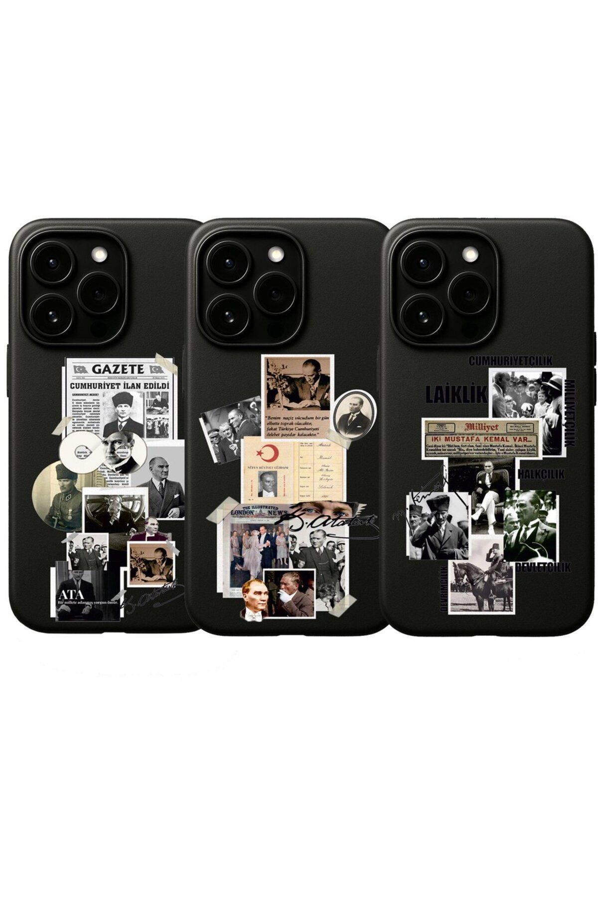 Hasdem Case iPhone 11 Promax Uyumlu Atatürk Kolaj Tasarım Baskılı İçi Kadife Lansman 3'lü Kılıf