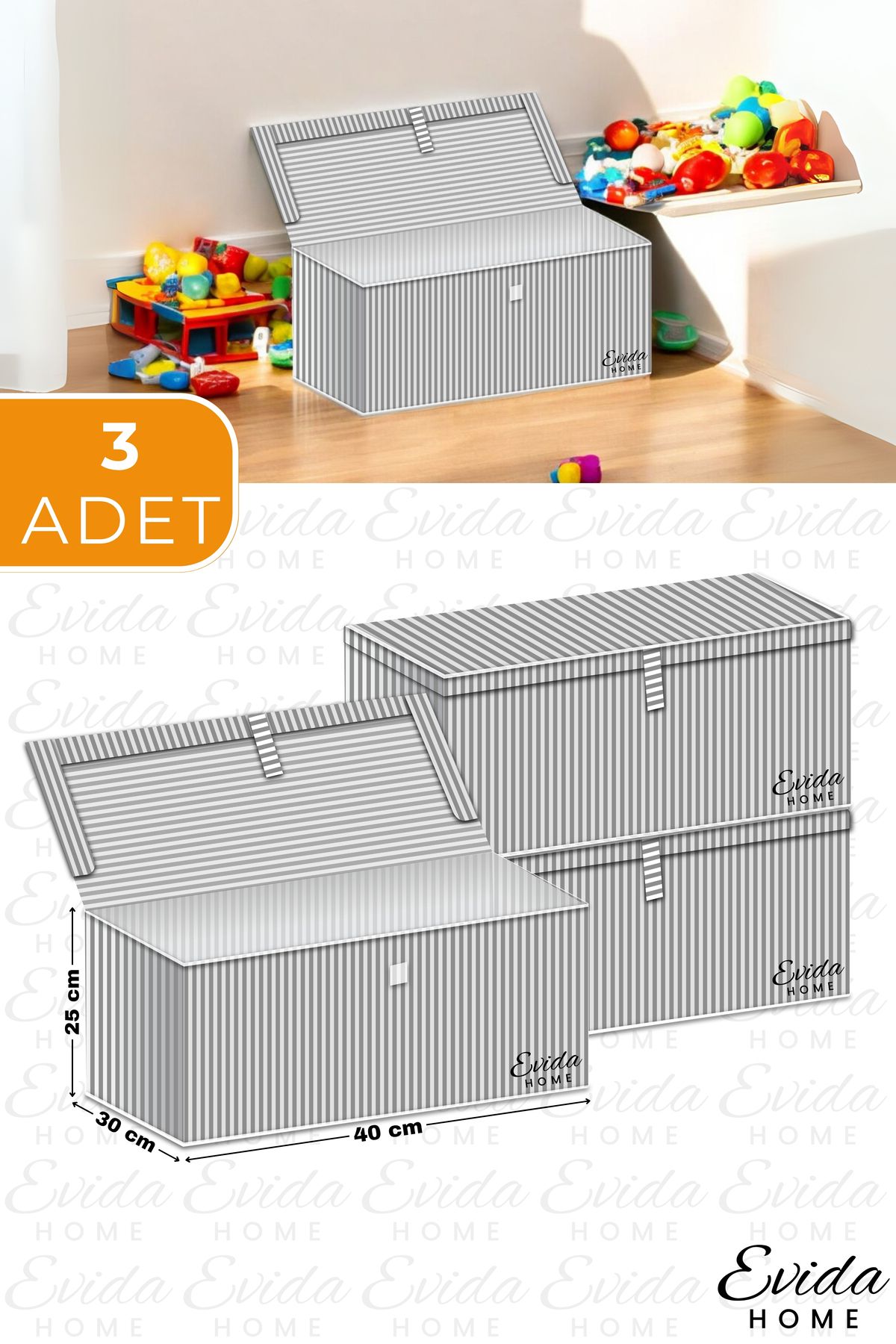 AboutThePerfect Gri Çizgili Çok Amaçlı Saklama Kutuları, 40x30x25, 3’lü set