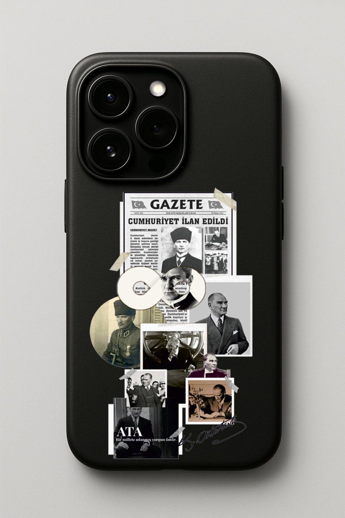 DEMİNA iPhone 16 Pro Uyumlu Atatürk Kolaj Tasarım Baskılı İçi Kadife Lansman Kılıf