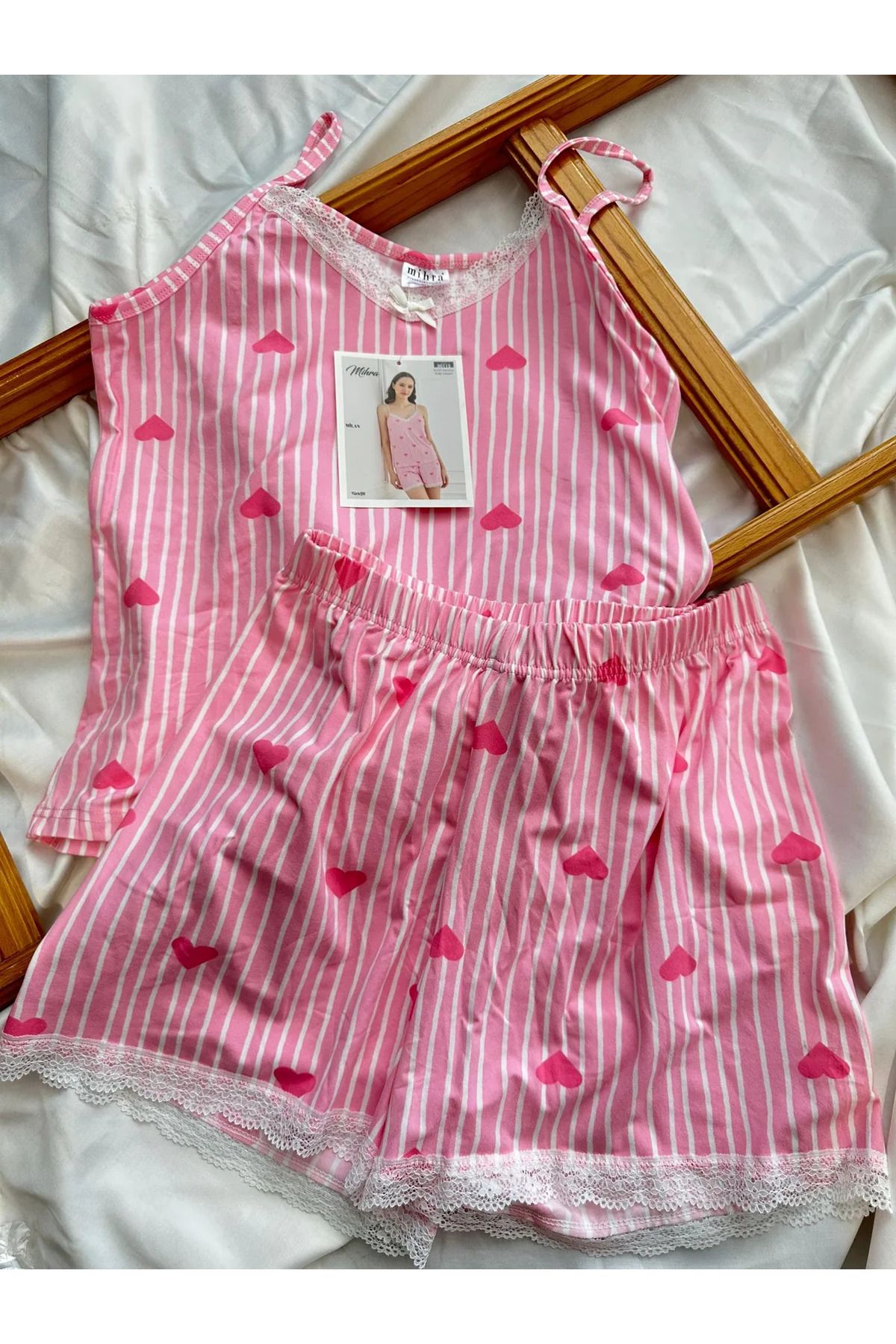 BEBEXY BUTİK Pembe Kalp Desen İp Askılı Şortlu Pijama T.