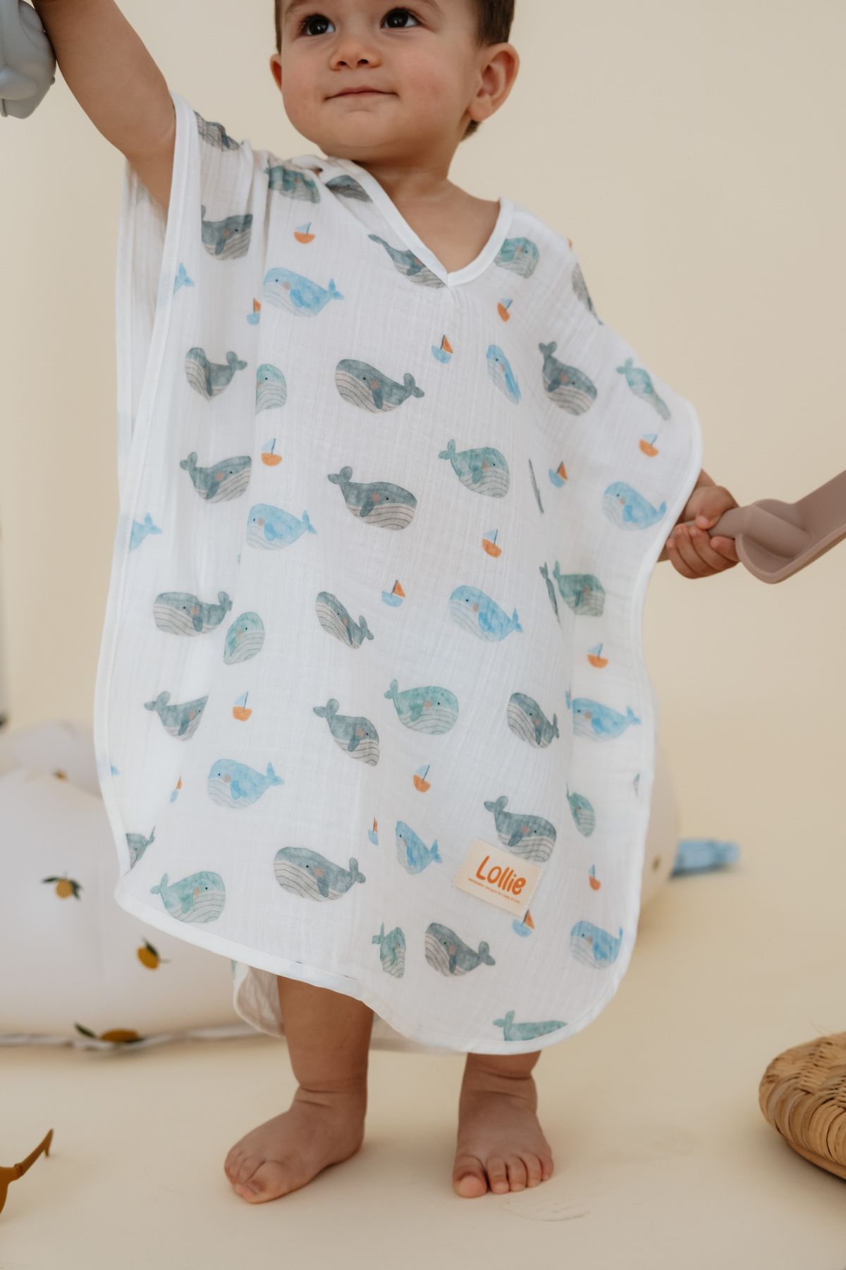Lollie Baby&Kids Bebek Çocuk Müslin Panço 1-4 yaş %100 Pamuk, Balinalar