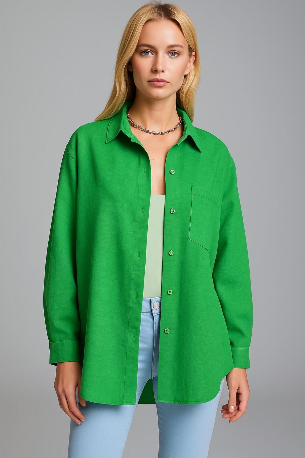 Mayer Butik Oversize Keten Dokulu %100 Pamuk Tek Cepli Salaş Gömlek