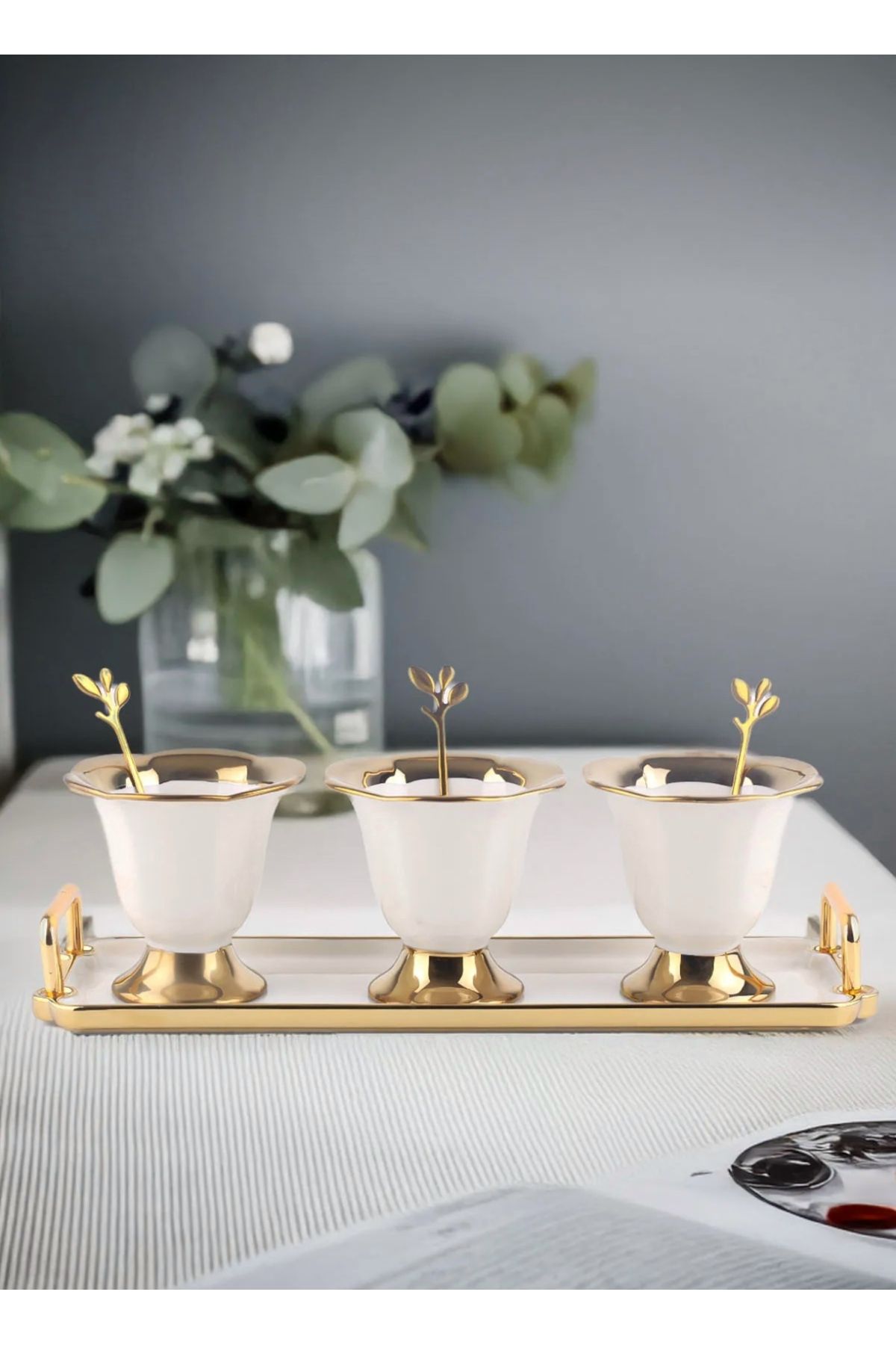 CEZVE HOME Autumn Gold Detaylı Metal Kaşıklı Porselen 3'lü Dondurma Kase Seti Çerezlik Reçellik Sosluk