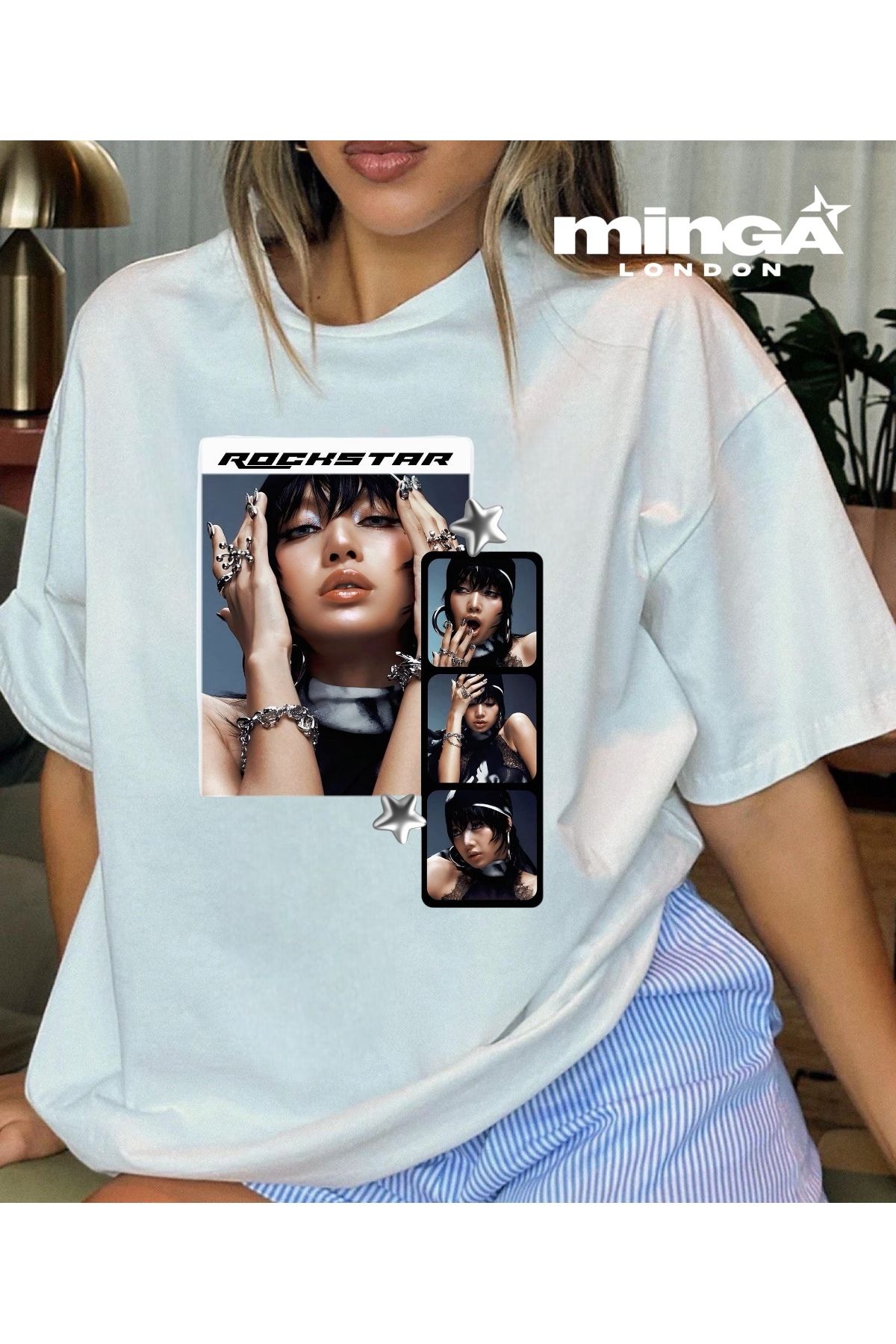 Minga London La Lisa Rock Star Single Baskılı Beyaz Oversize Tshirt- Minga London