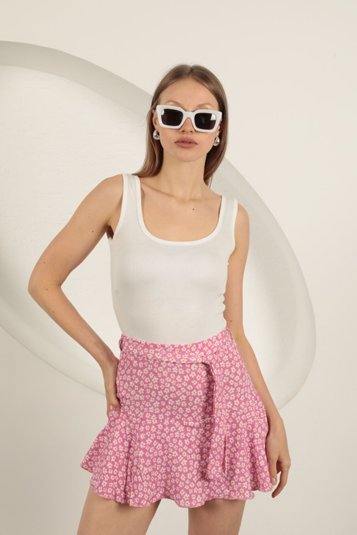 Pink Stil Bürümcük Papatya Desen Şort Etek-Pembe