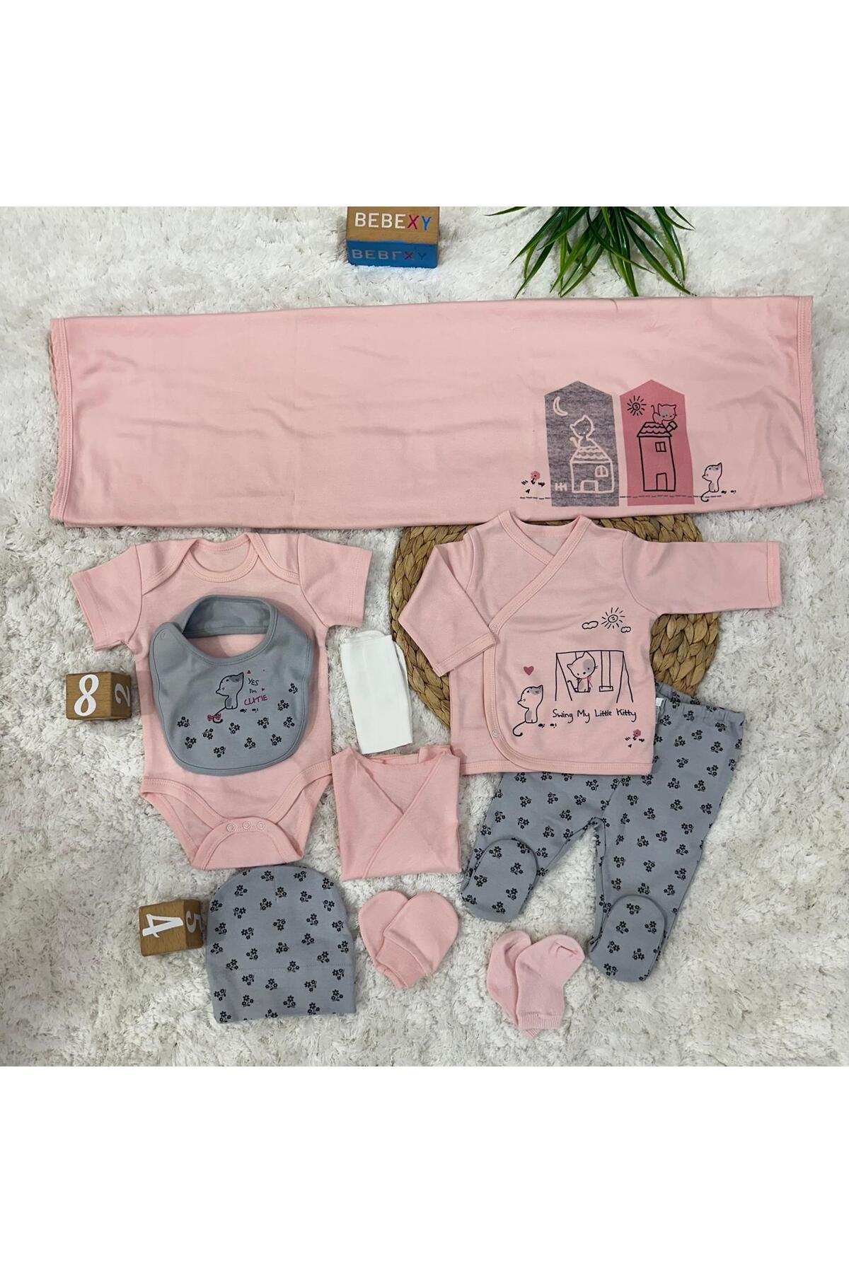 BEBEXY BUTİK Ev Desenli 10 Parça Hastane Çıkışı Set Pembe