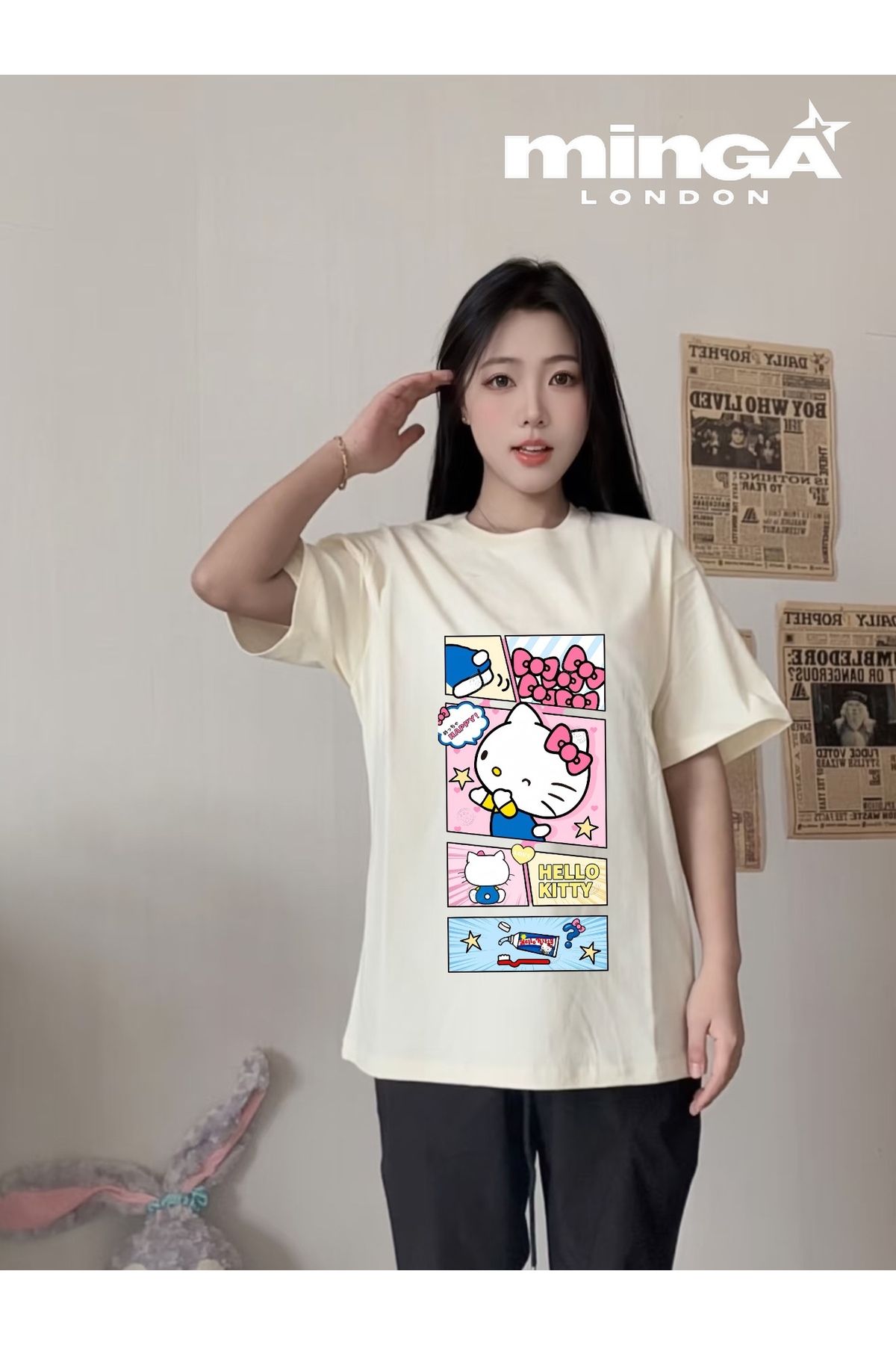Minga London Hello Kitty Kolaj Baskılı Bej Oversize Tshirt- Minga London