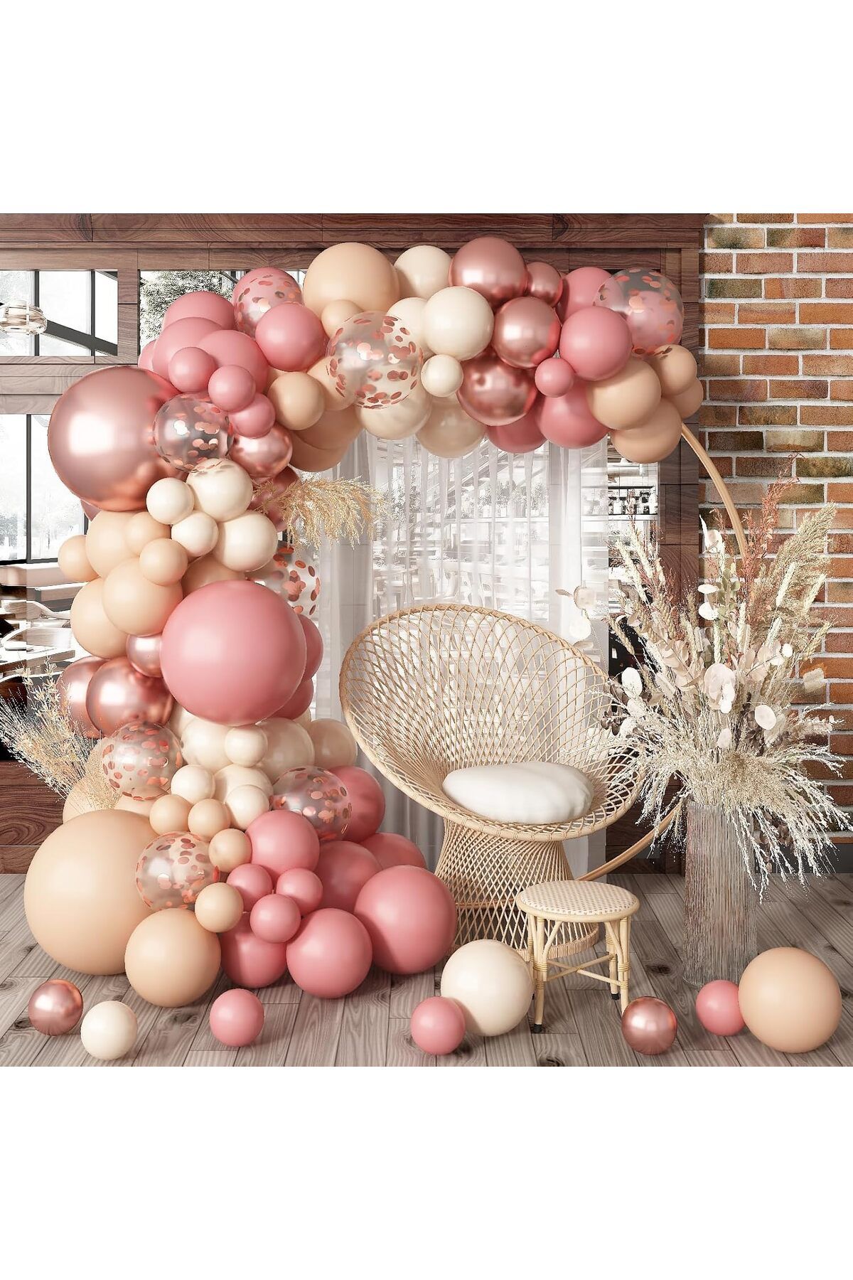 BALON DİYARI Pembe Krem Rose Gold Konfeti Balon Seti - 80 Adet Parti Balonu + Zincir ve Bant HEDİYELİ1