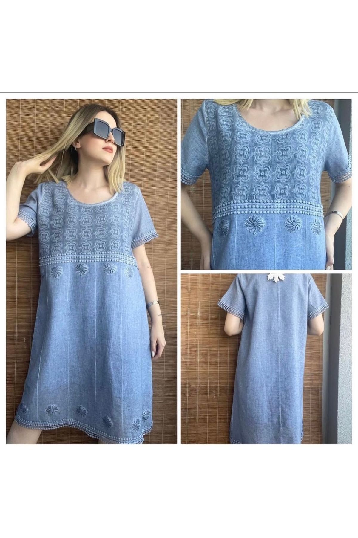 Butik Kadın kısa keten pamuklu çiçek ve dantel güpür detaylı büyük beden yazlık kısa kol elbise
