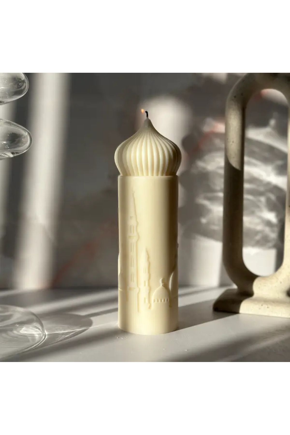 JUSTAR Dekoratif Camii Motifli Silindir Mum %100 Doğal -krem Açık Renk