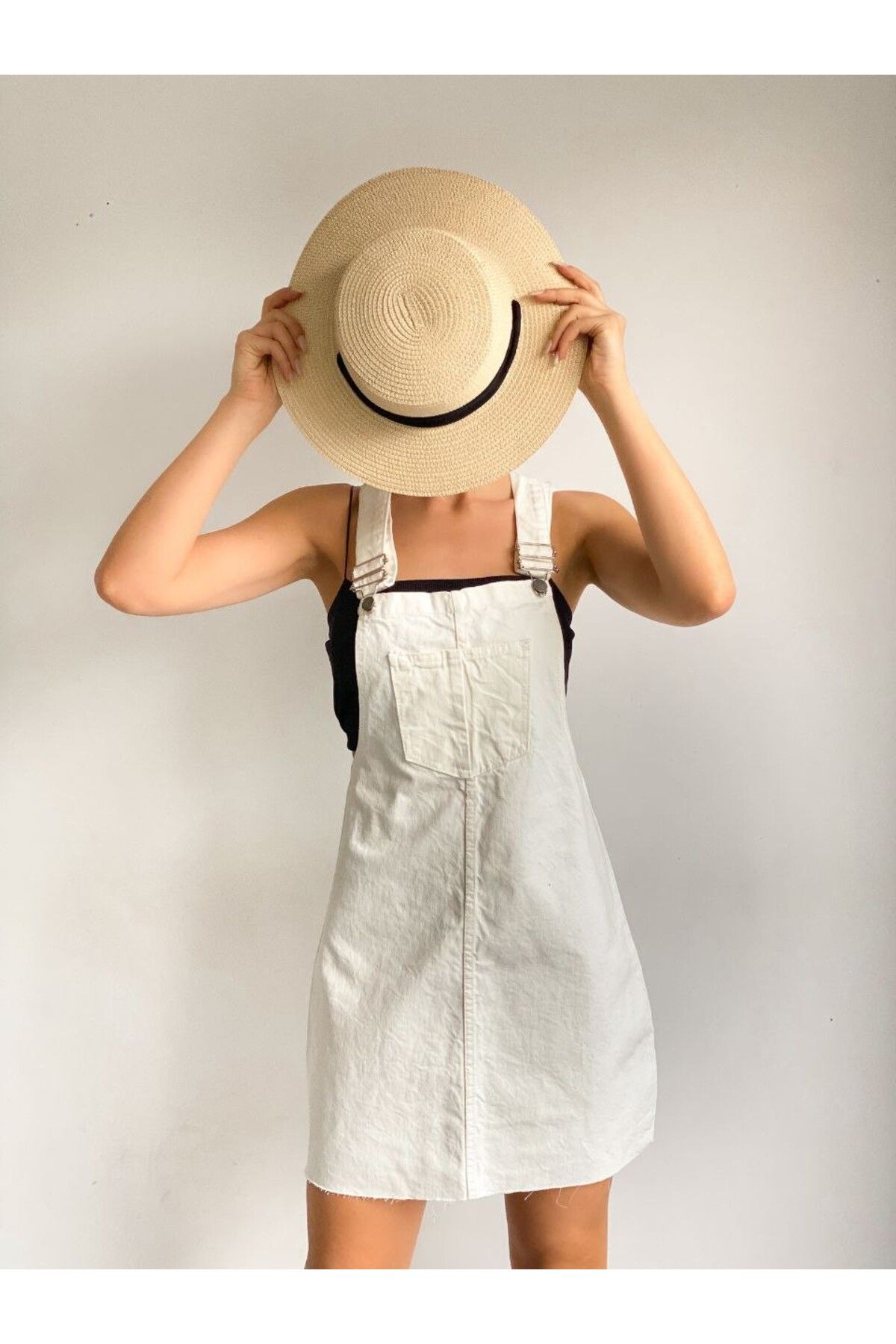 Pink Stil Askılı Denim Salopet Etek