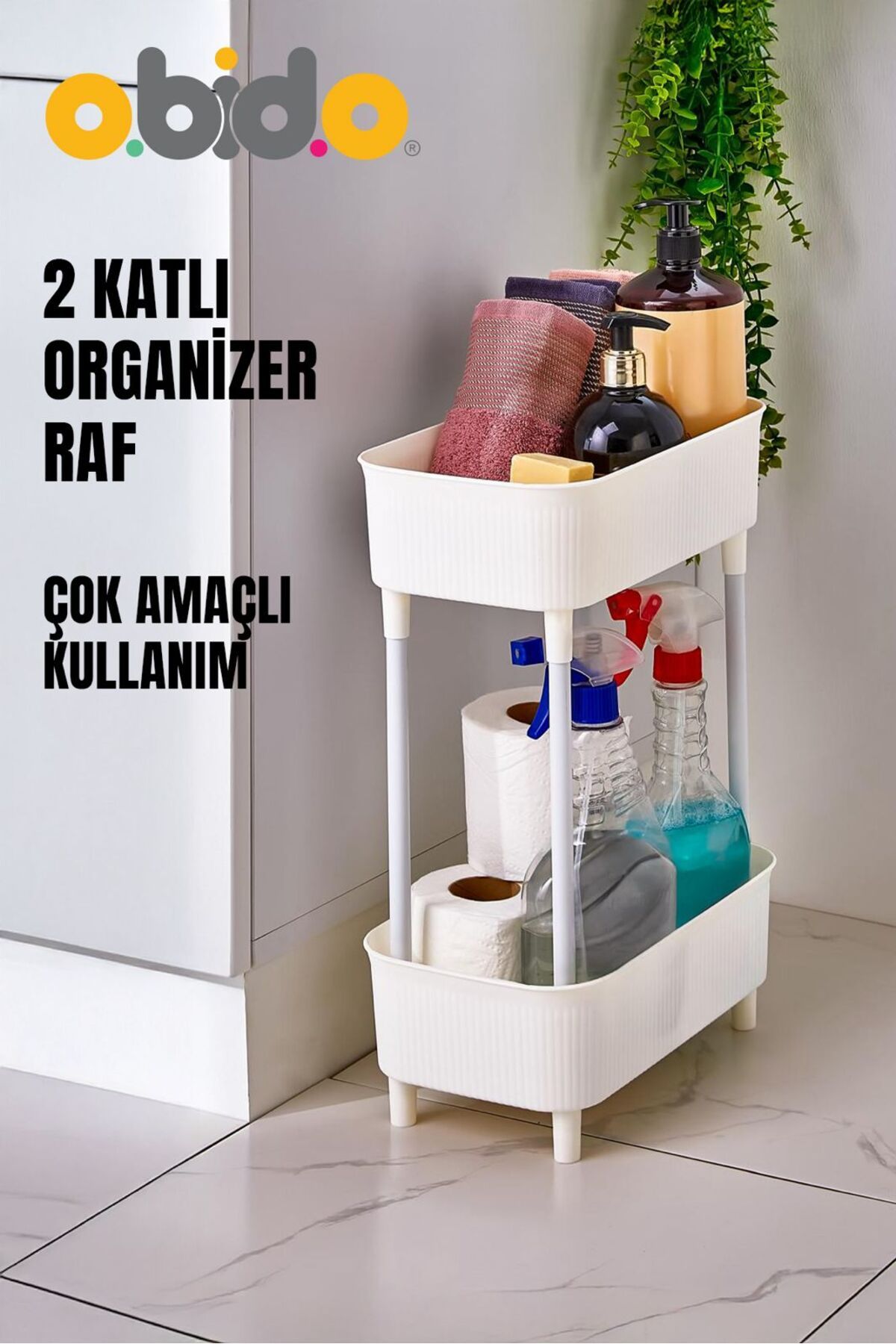 obido 2 Katlı Organizer Banyo ve Mutfak Rafı Dolap İçi Düzenleyici Tezgah Altı Deterjanlık ”Beyaz”