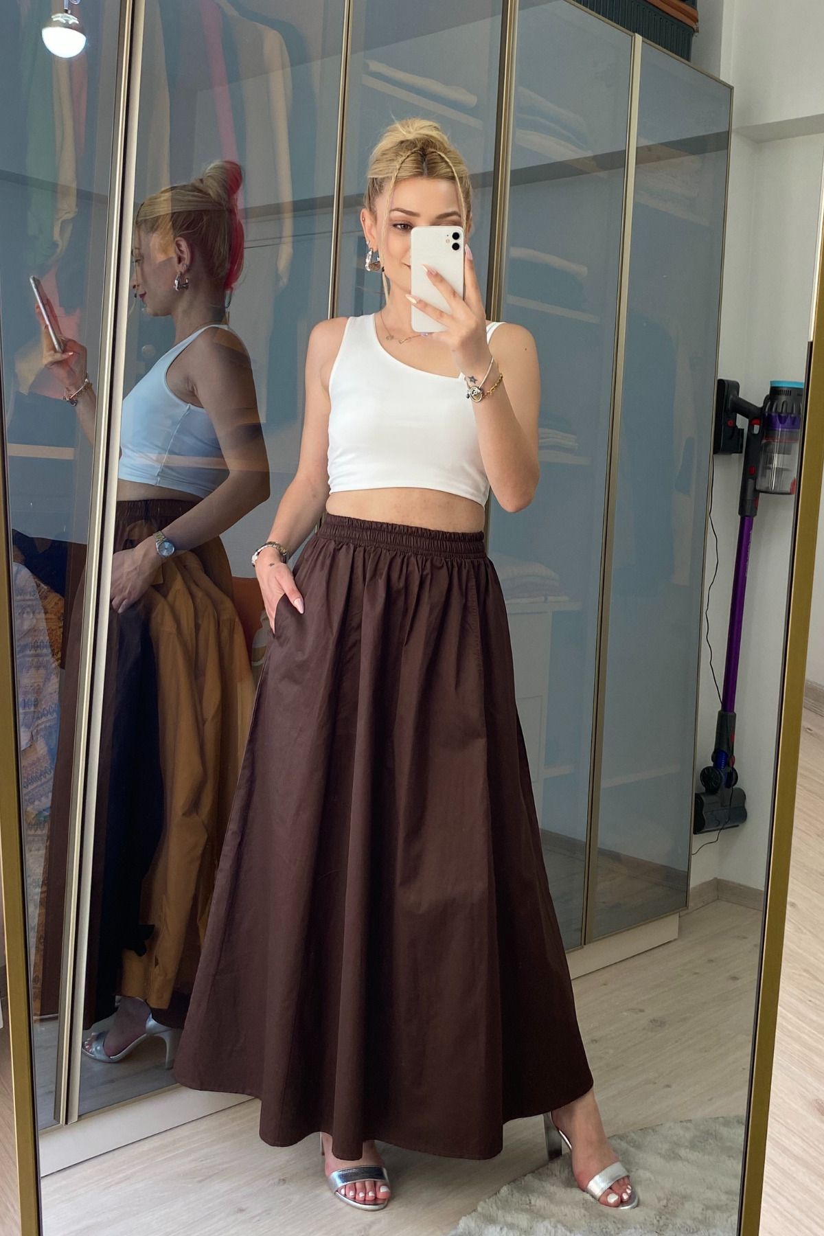 moddosa fashion CEPLİ BELİ LASTİKLİ UZUN POPLİN ETEK