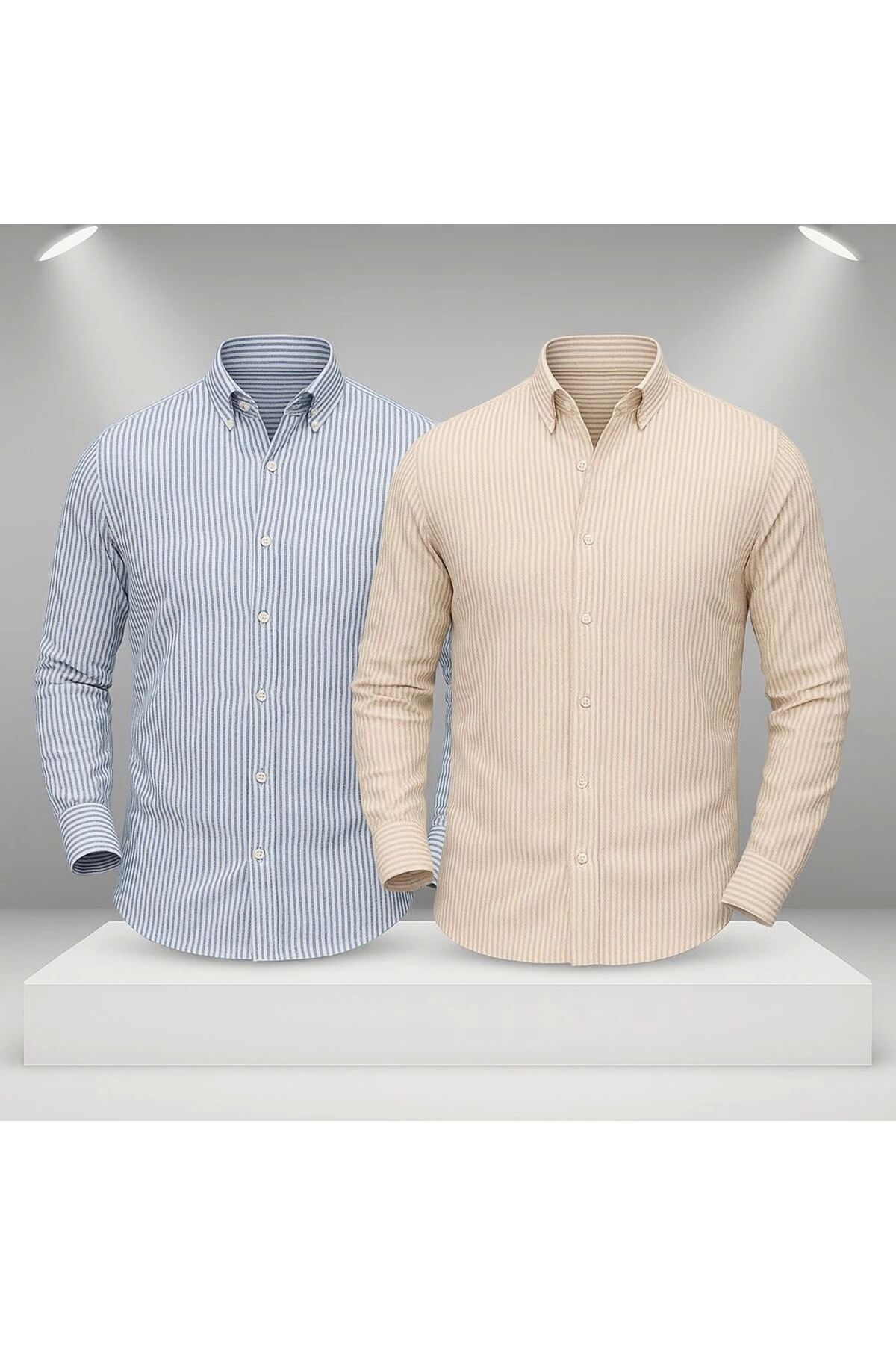 Store 2'li Avantaj Keten Çizgili Slim Fit Şık Premium Kalite Düğmeli Pamuklu Erkek Gömlek
