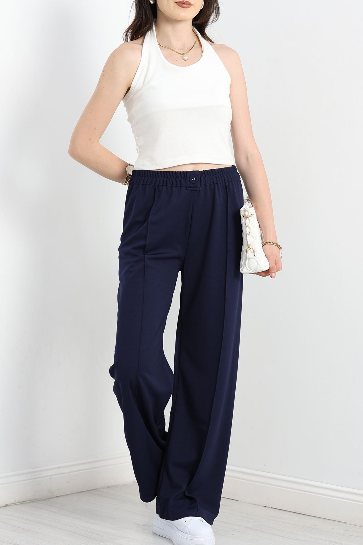Fashi10 Bol Paça Düğmeli Pantolon Lacivert
