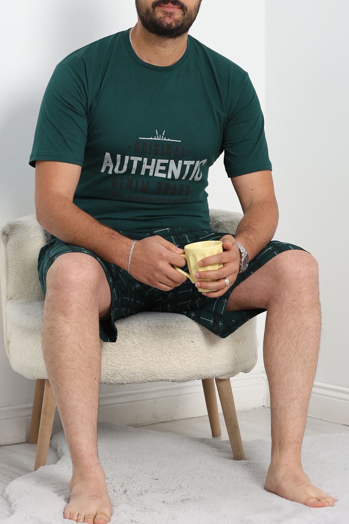 Fashi10 Büyük Beden Erkek Şortlu Pijama Takımı Zümrüt