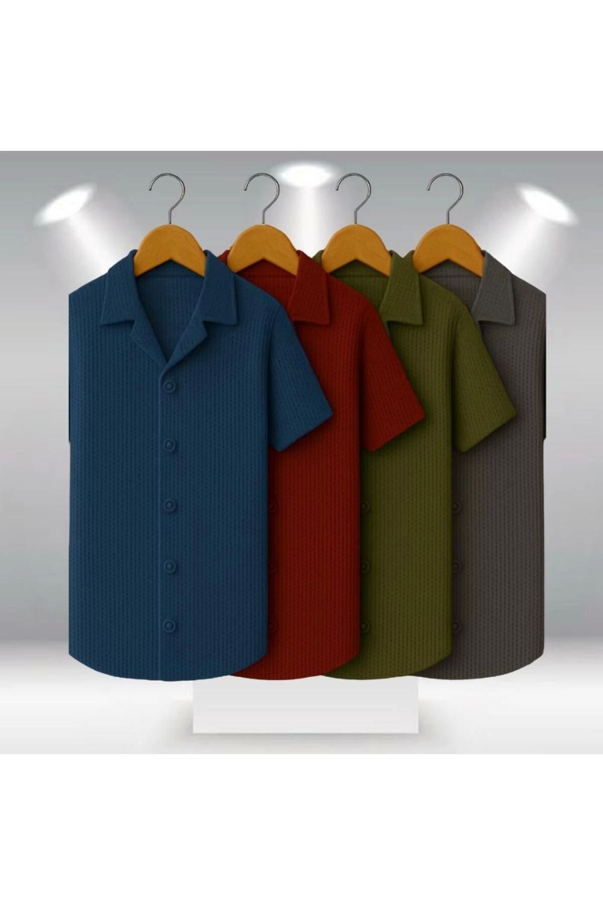 Store 4'lü Avantaj Paket %100 Pamuk Şık Premium Kalite Erkek Kısa Kol Yazlık Waffle Kumaş Gömlek