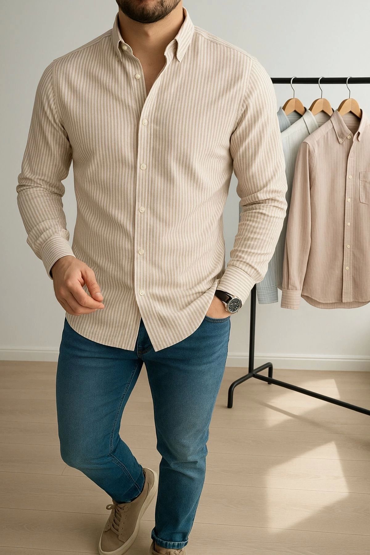 LC Waikiki LC WAIKI Slim Fit Uzun Kollu Düğmeli Kolay Ütü Çizgili Şık Premium Erkek Hediyelik Sevgili Klasik Sp