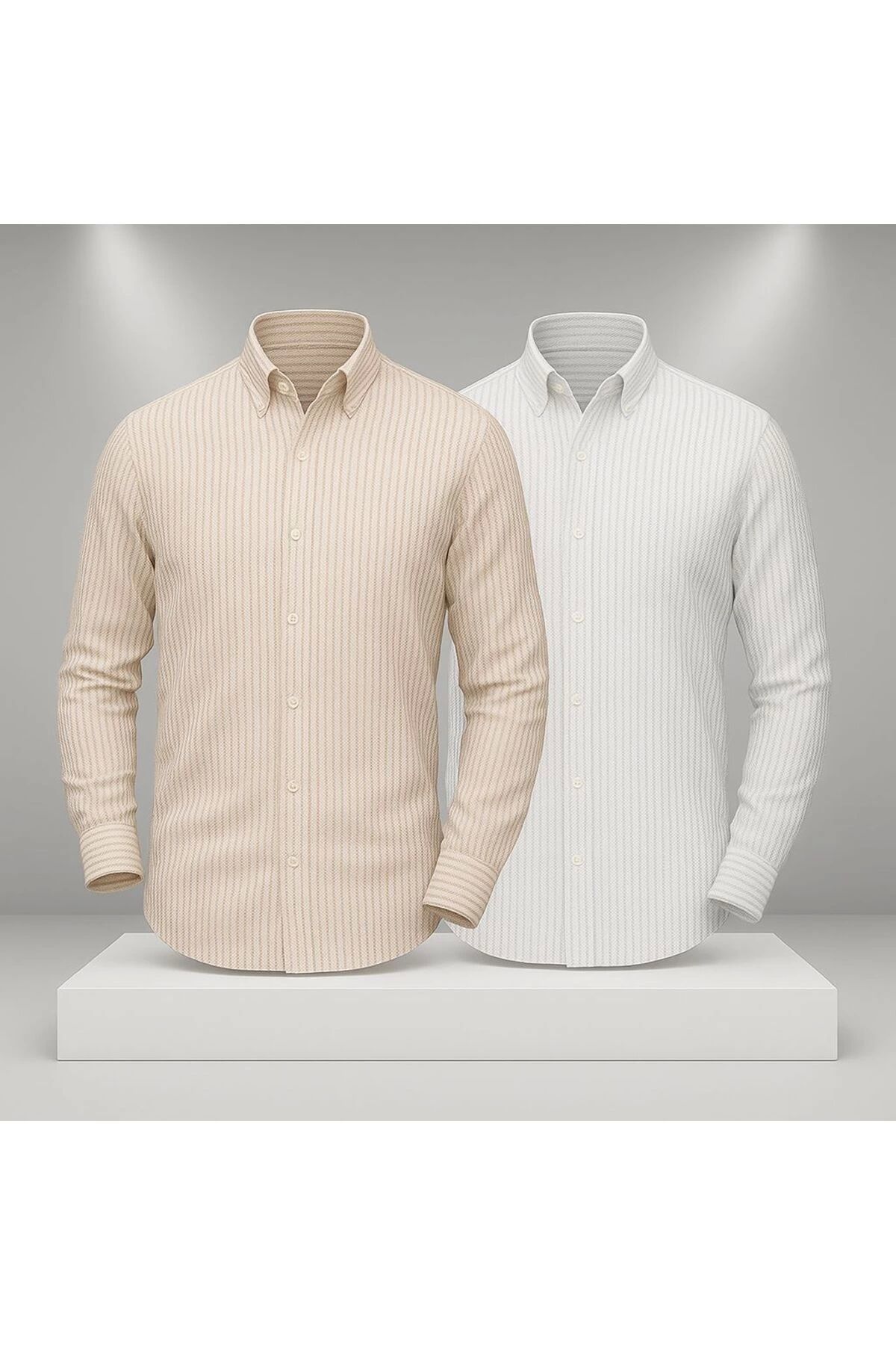LC Waikiki LCWAIKIK 2'li Avantaj Keten Çizgili Slim Fit Şık Premium Kalite Düğmeli Pamuklu Erkek Gömlek