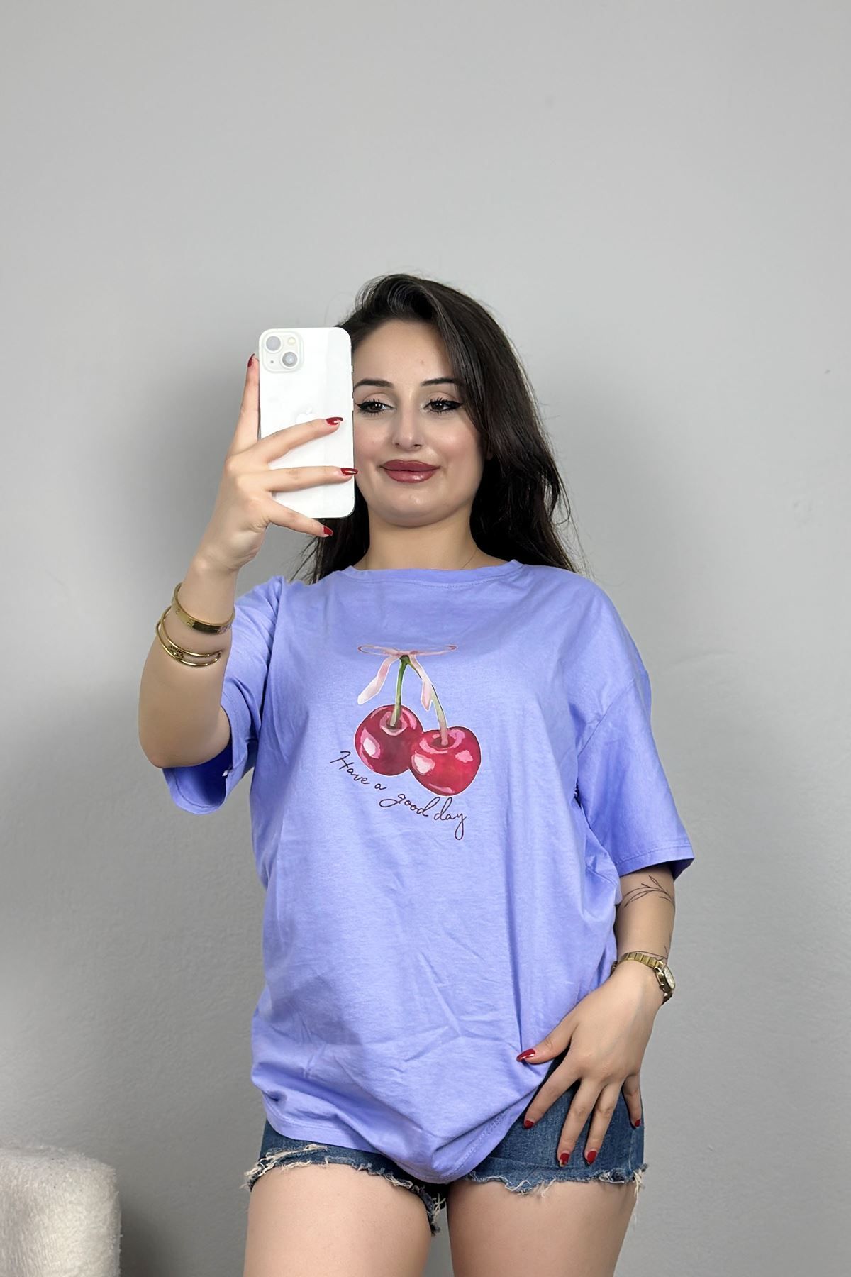 Fashi10 Lüx Penye Dijital Baskılı Oversize Tişört Lila