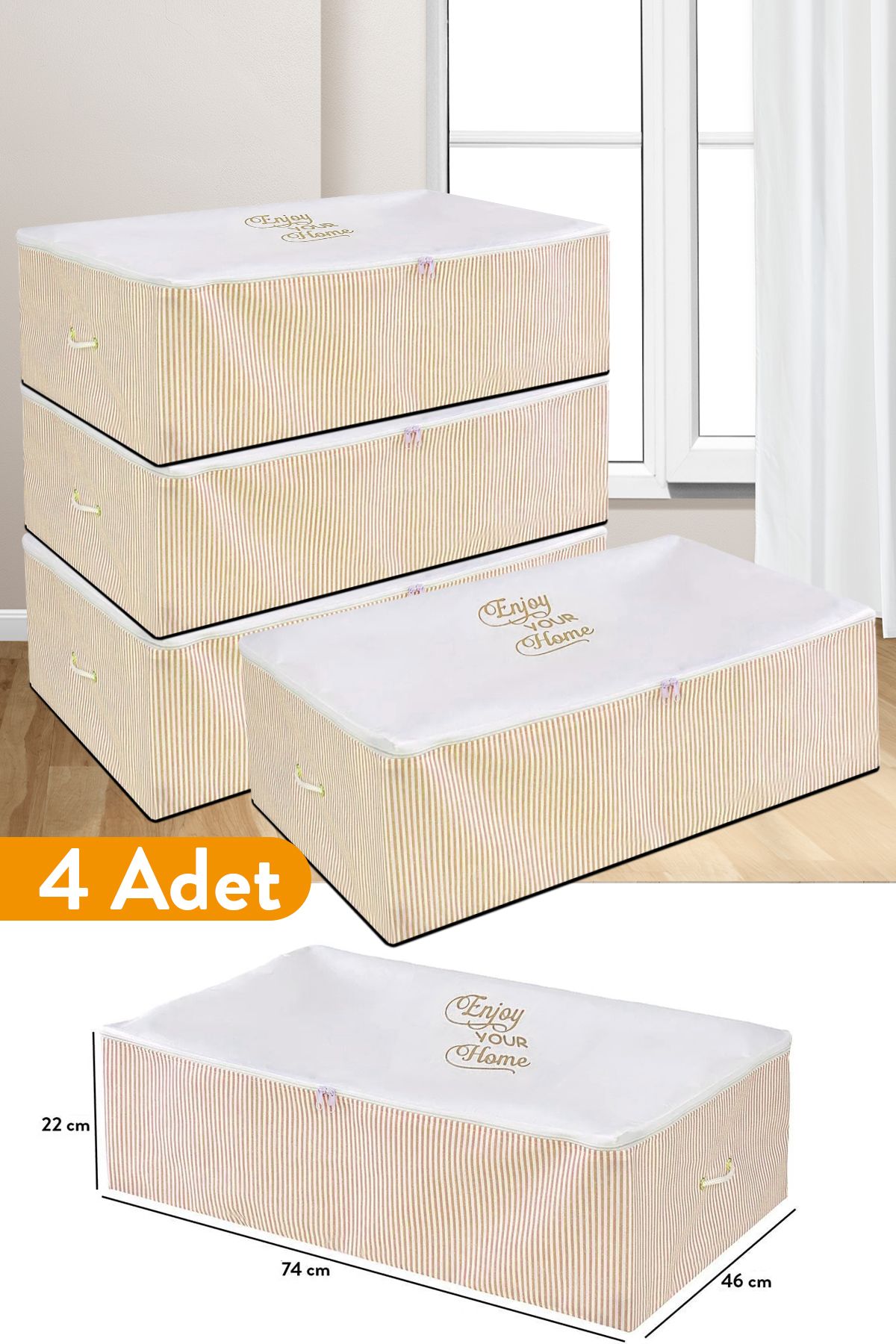 teknotrust 4'lü Bej Çizgili Mega Boy Baza Altı Hurç, 74x46x22 cm