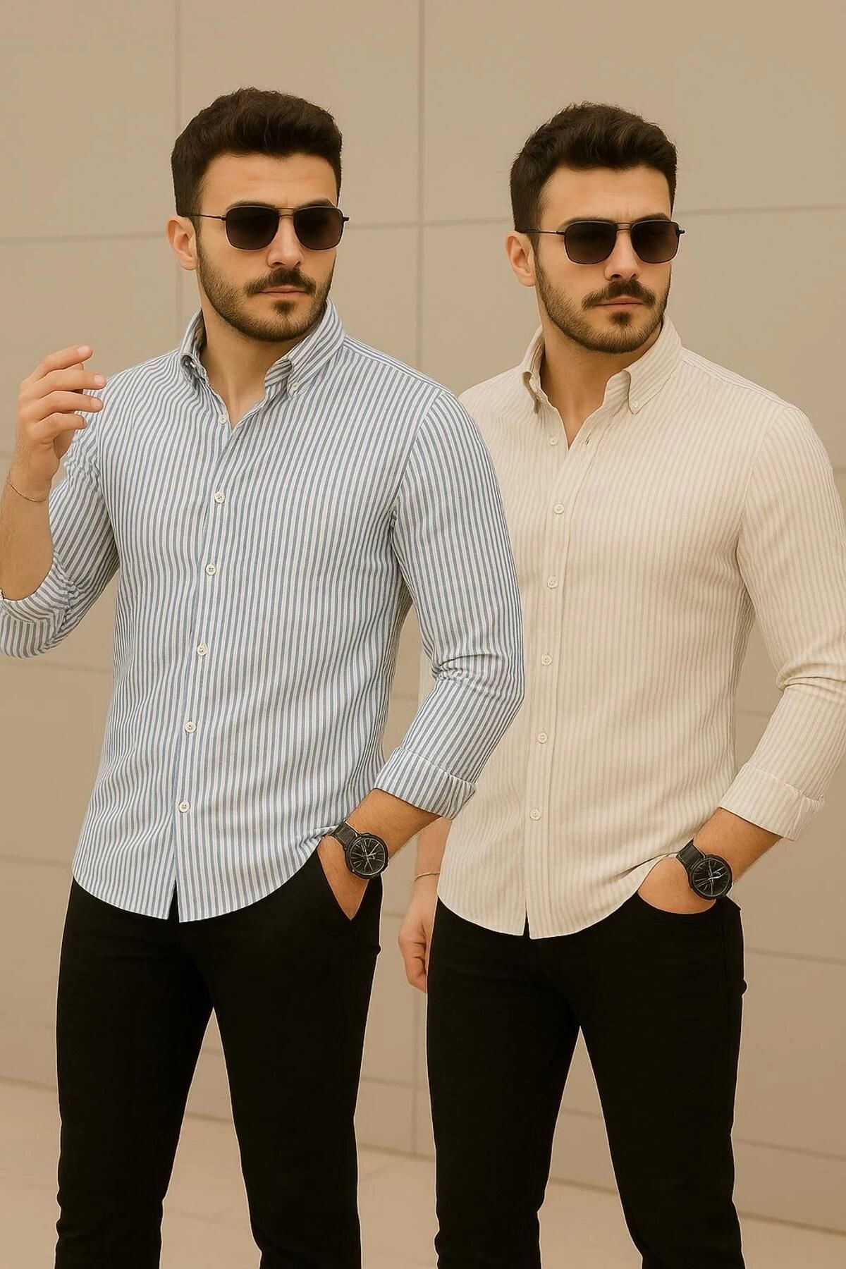 Store 2'li Avantajlı Paket Erkek Klasik Şık Düğmeli Çizgili Uzun Kollu Gömlek