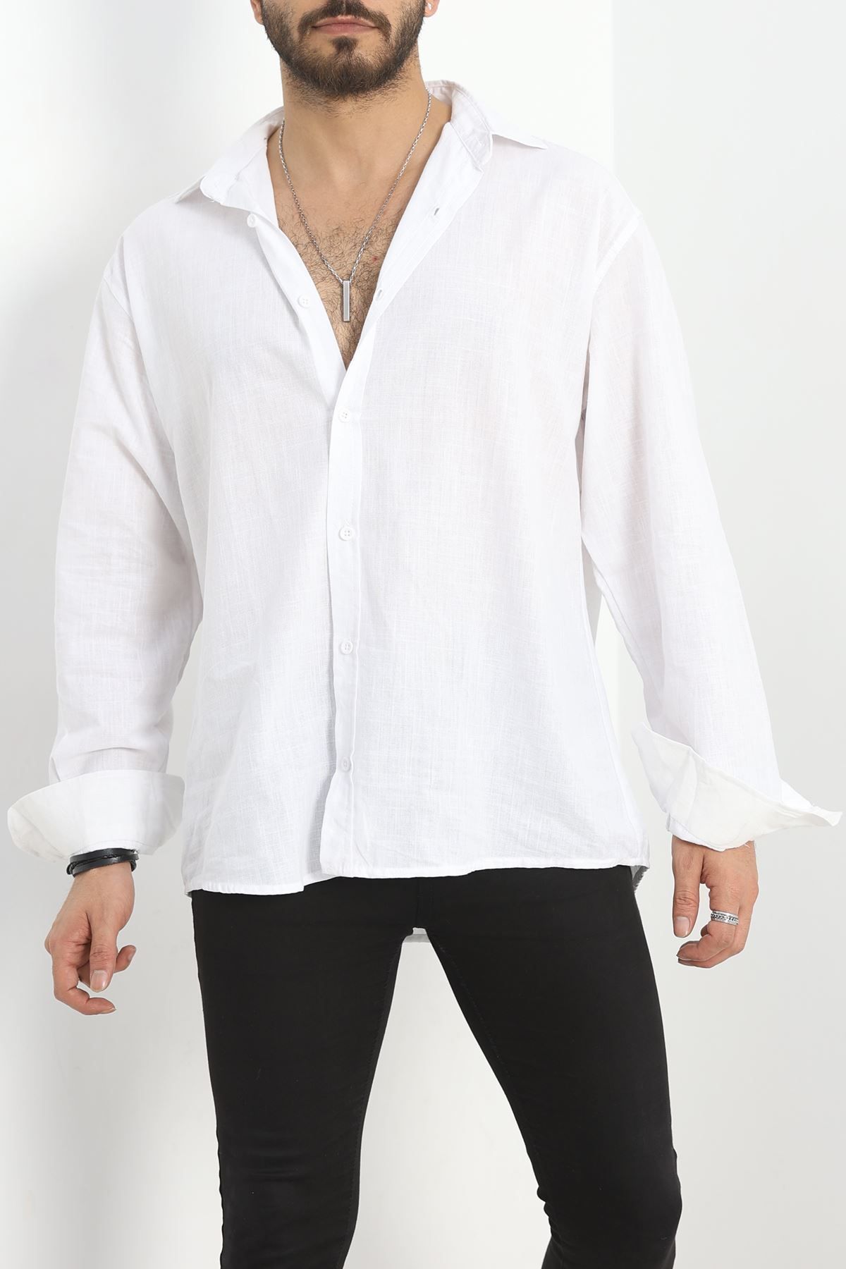 Fashi10 Flamlı Keten Oversize Gömlek Beyaz