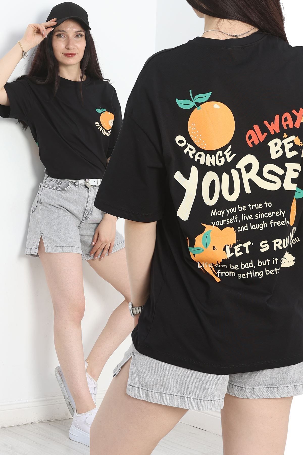 Fashi10 Baskılı Oversize Tişört Siyahoranj