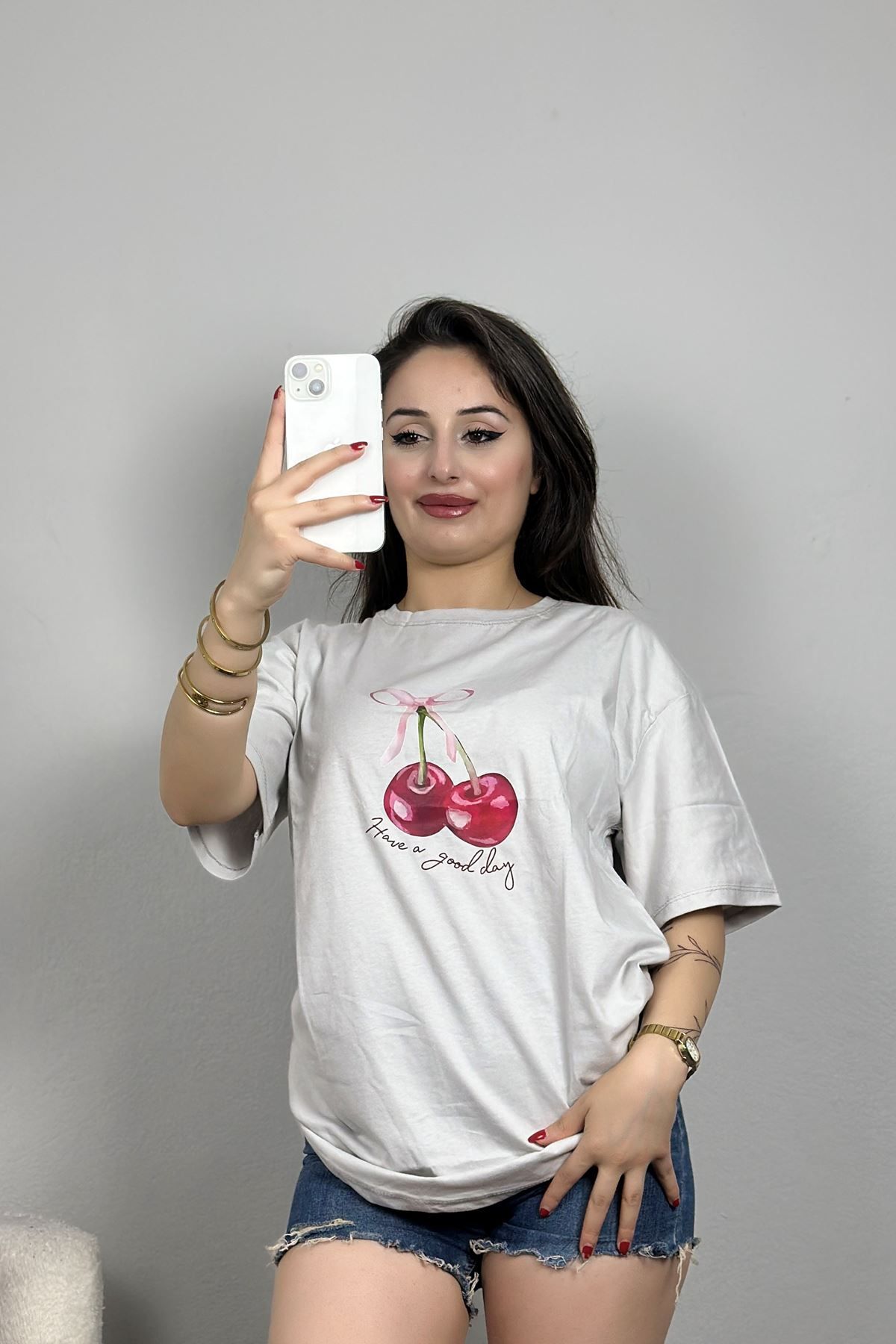 Fashi10 Lüx Penye Dijital Baskılı Oversize Tişört Dumangri