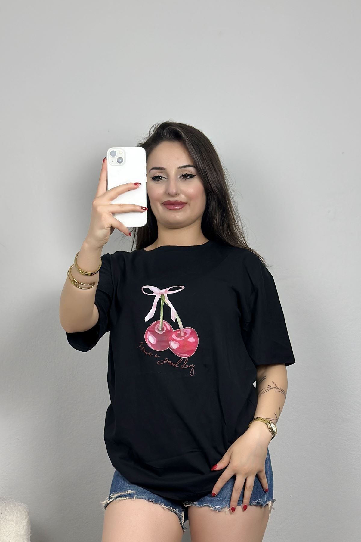 Fashi10 Lüx Penye Dijital Baskılı Oversize Tişört Siyah