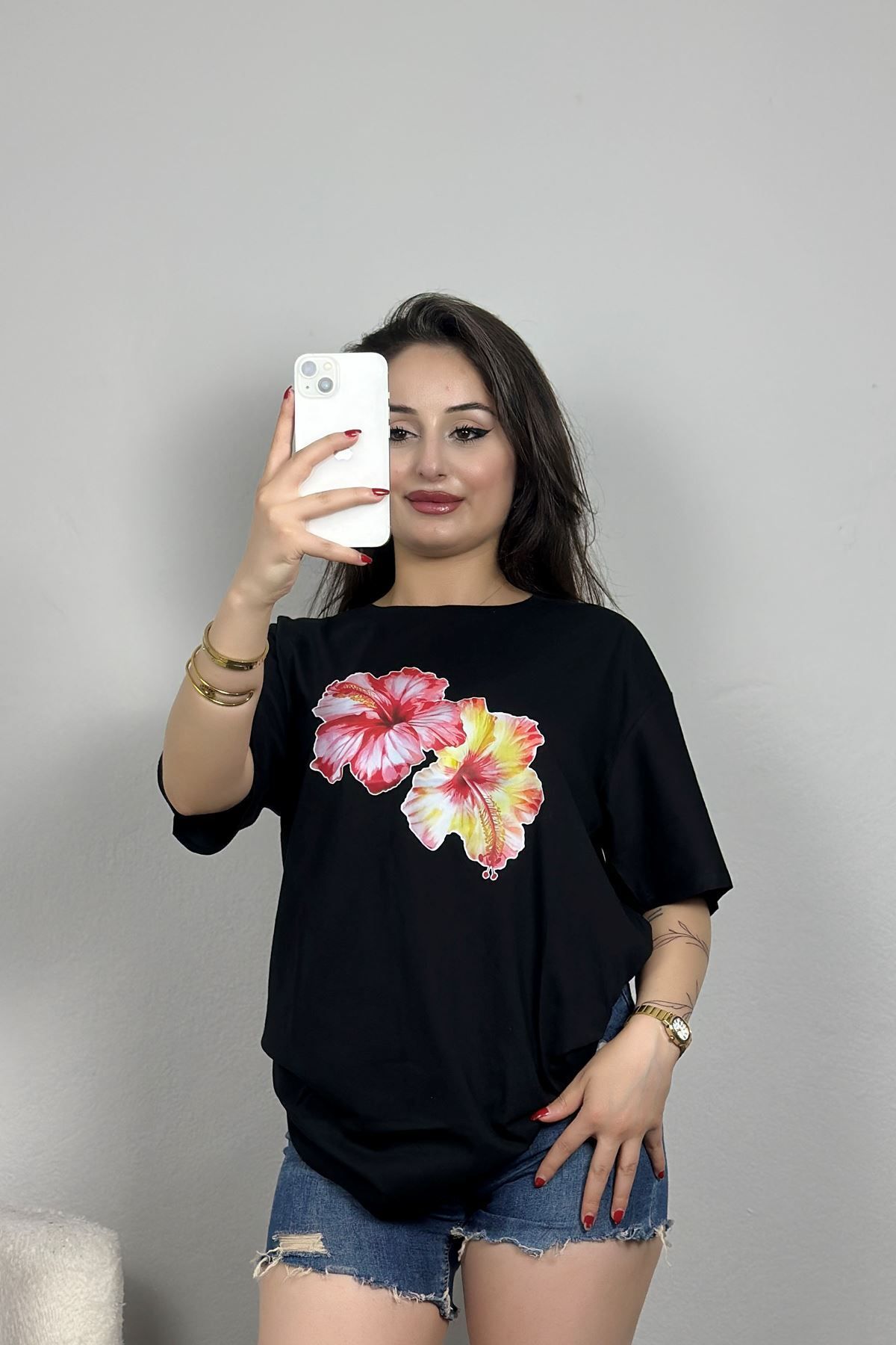 Fashi10 Lüx Penye Dijital Baskılı Oversize Tişört Siyah