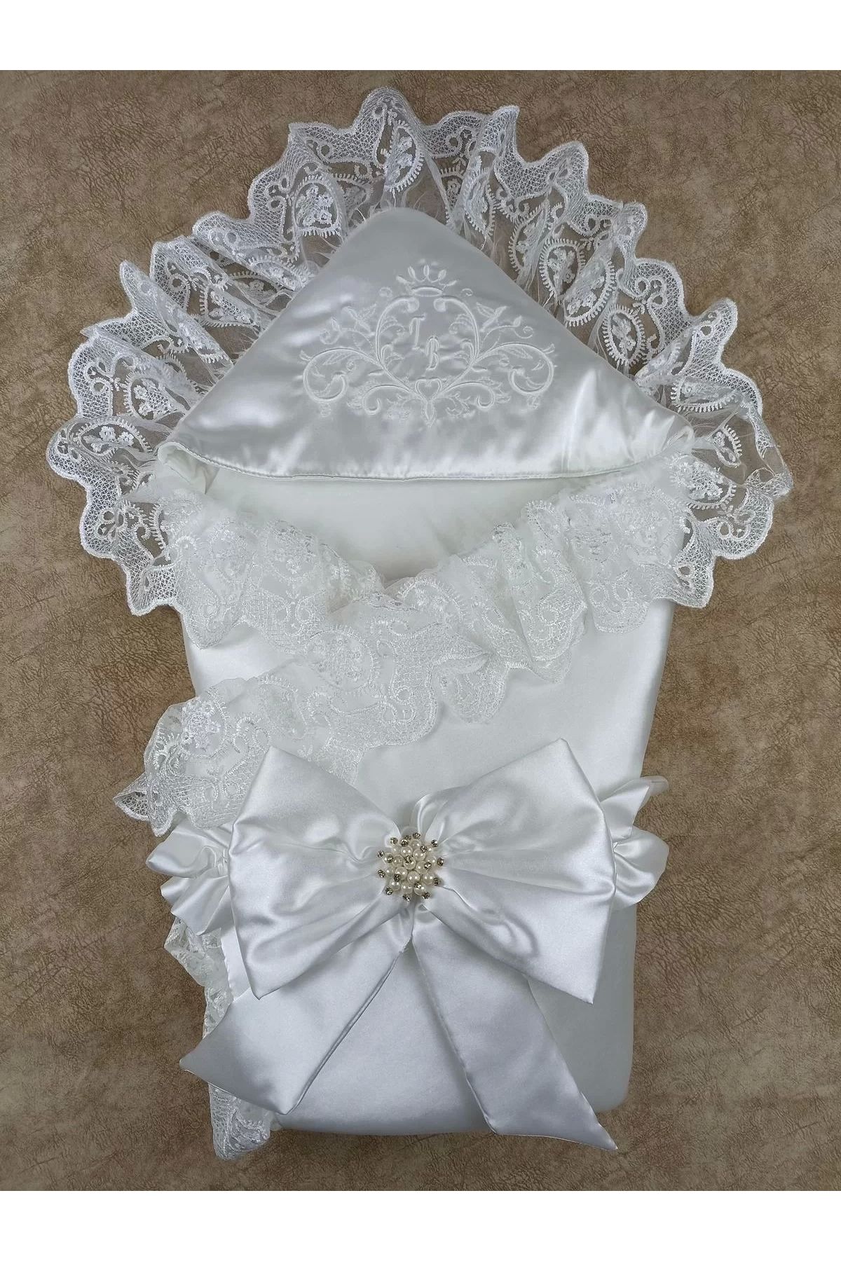 Haye Collection Yenidoğan Pırıltı Nakış Detaylı Lüks Kundak Bebek Battaniyesi Ekru