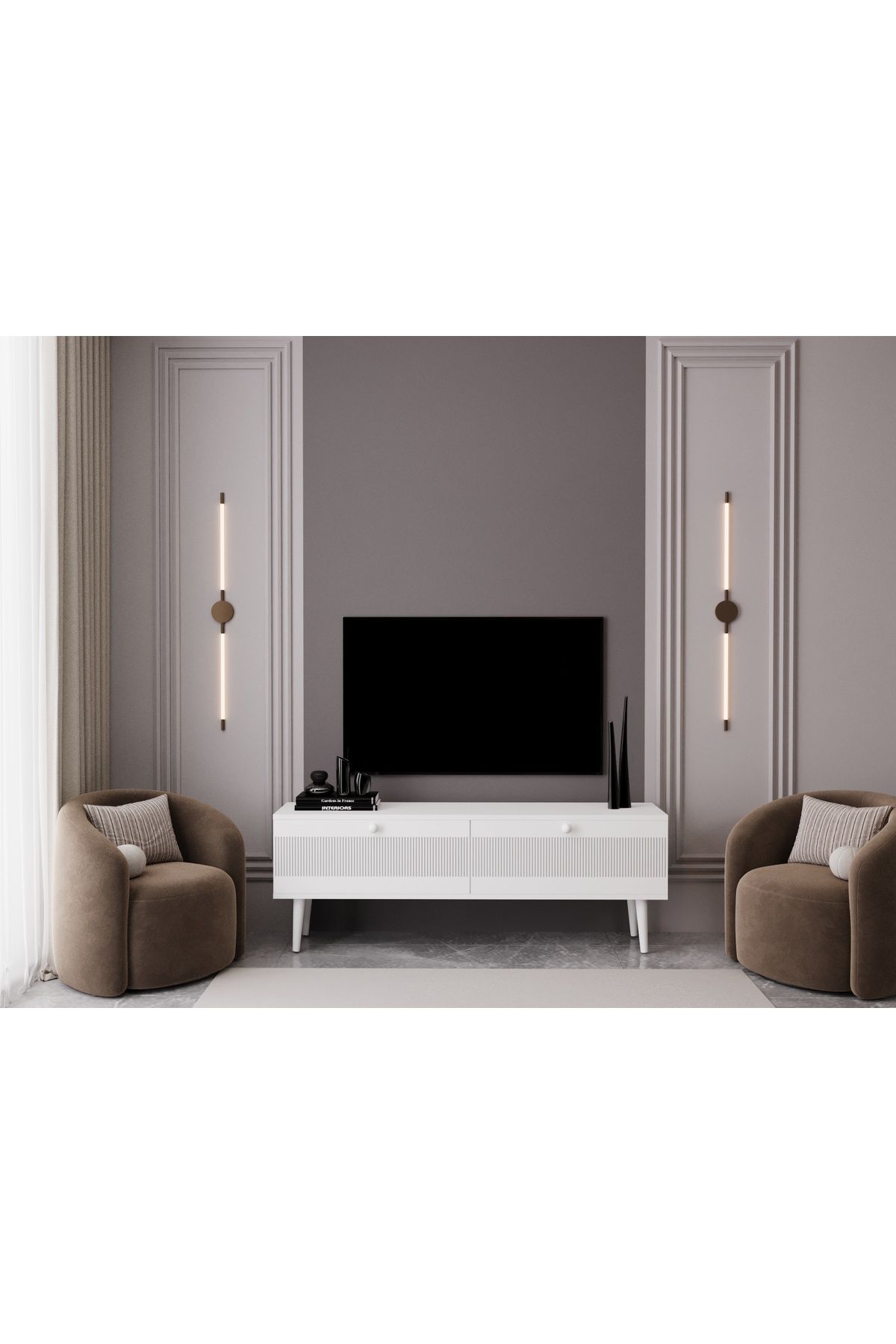 melura home MELURA TV ÜNİTESİ BEYAZ 140 CM 2 KAPAKLI %100 MDF LAKE AHŞAP AYAKLI