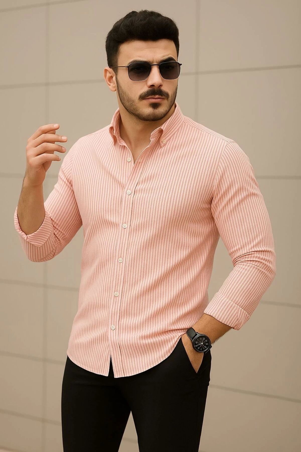 LC Waikiki LCWAIKIKI Keten Çizgili Slim Fit Erkek Şık Premium Kalite Düğmeli Pamuklu Erkek Gömlek Klasik ve Spo